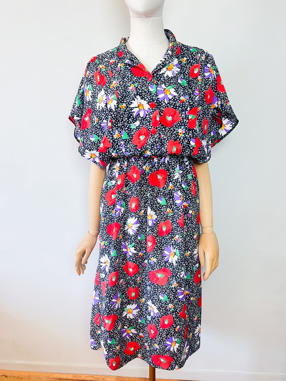 Robe Vintage Années 80 – Imprimé Fleurs & Coquelicots – Manches Papillon – T.38/40