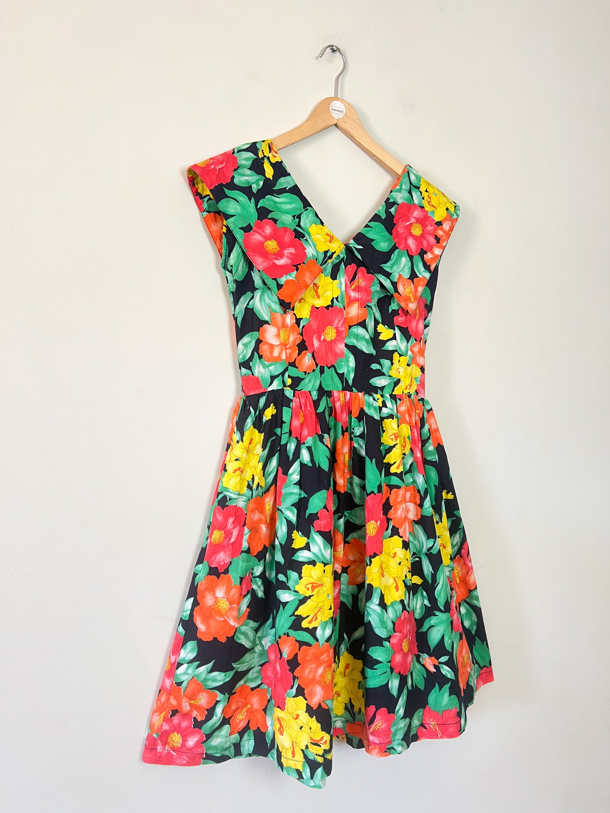 Robe Vintage Années 80 Imprimé Fleurs Exotiques – Encolure V & Grand Col – Doublée – T.36 (S)
