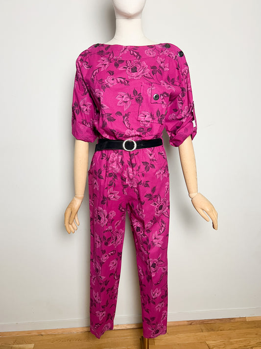 Combinaison Vintage Rose Fuchsia Fleuri Noir - Col Bateau Boutons Épaule - Made in France T40 (L)