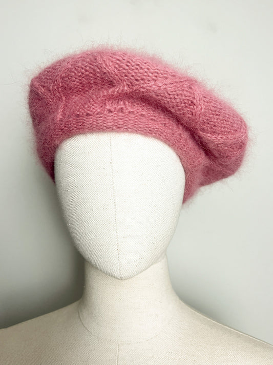Bonnet Béret Vintage Vieux Rose Duveteux - 70% Angora & Laine - Fabriqué En Italie