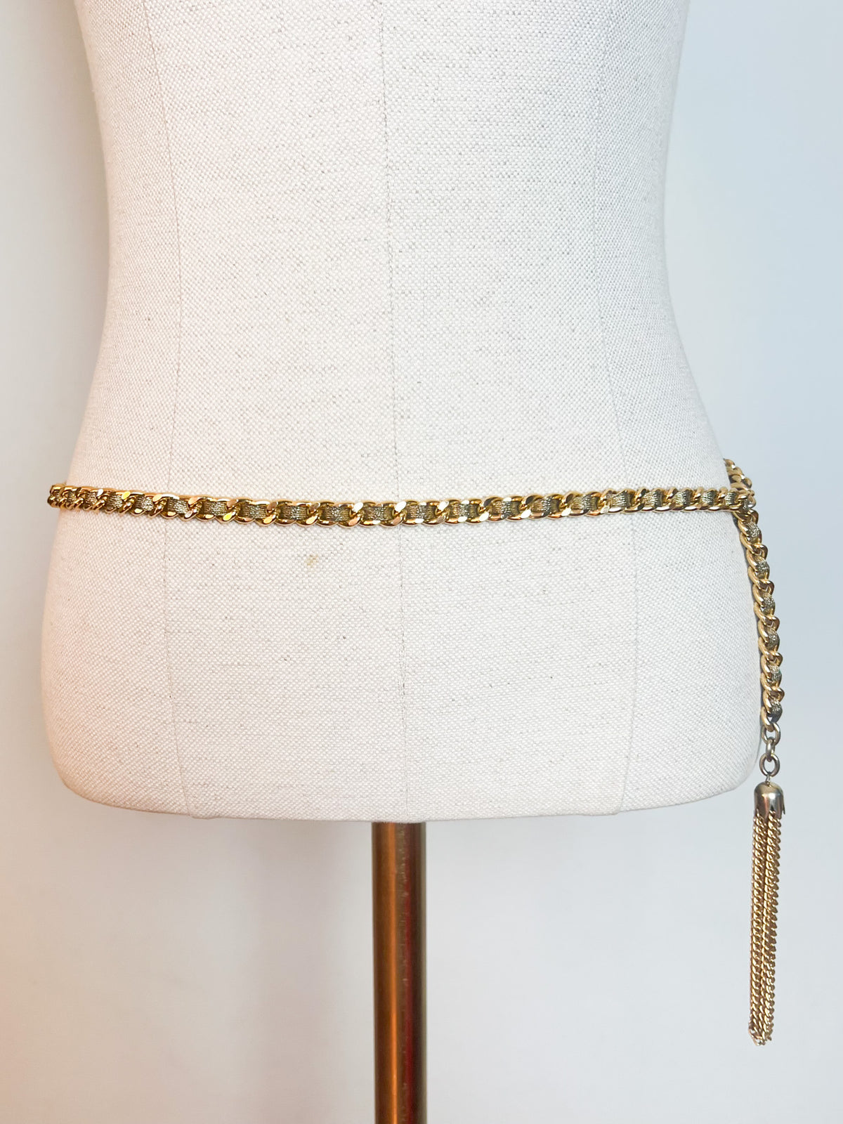 Ceinture Chaîne Vintage 70s Metal Doré & Ruban Lurex Bronze à Pompon Franges