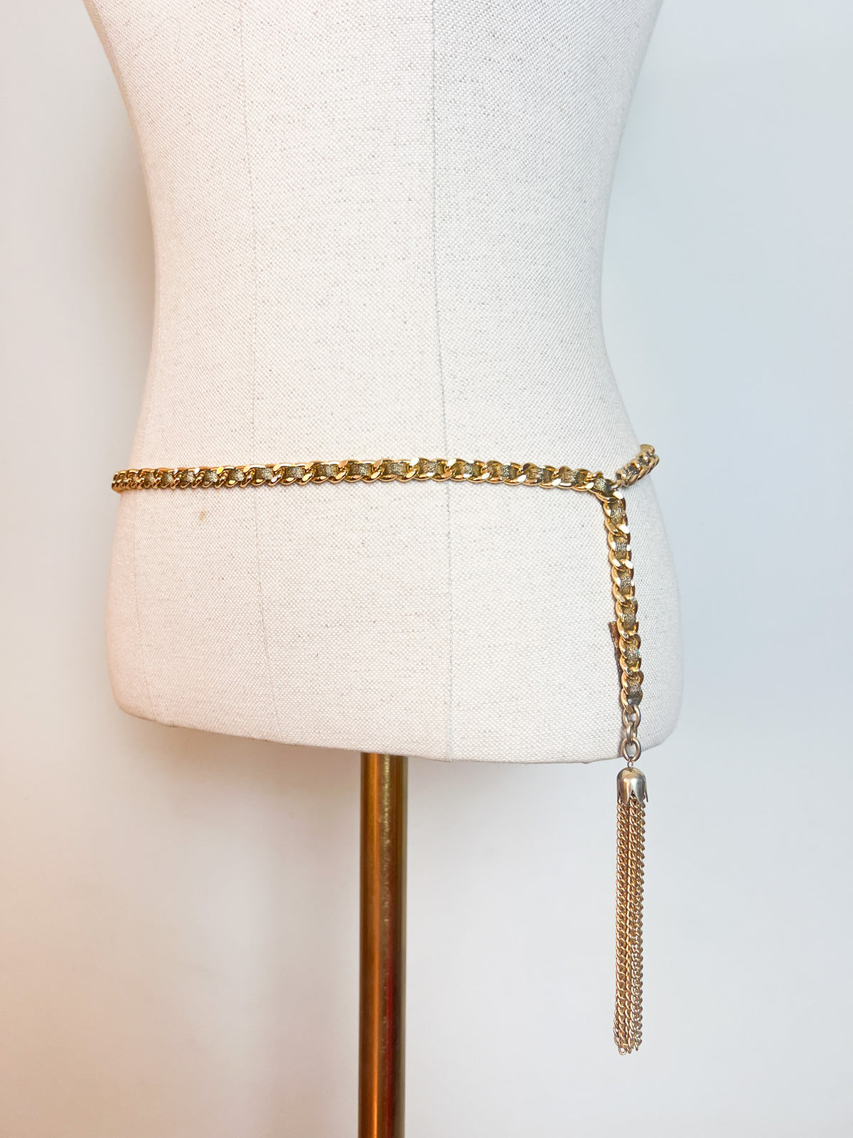 Ceinture Chaîne Vintage 70s Metal Doré & Ruban Lurex Bronze à Pompon Franges