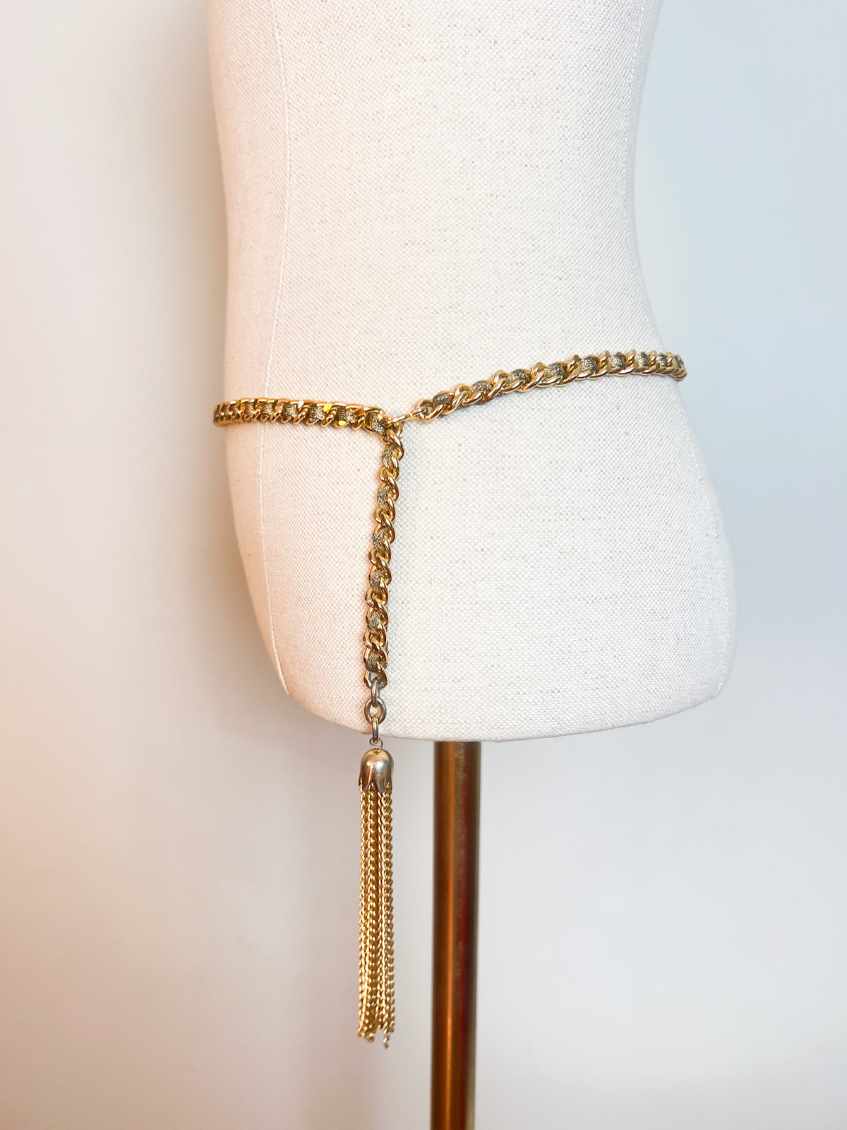 Ceinture Chaîne Vintage 70s Metal Doré & Ruban Lurex Bronze à Pompon Franges