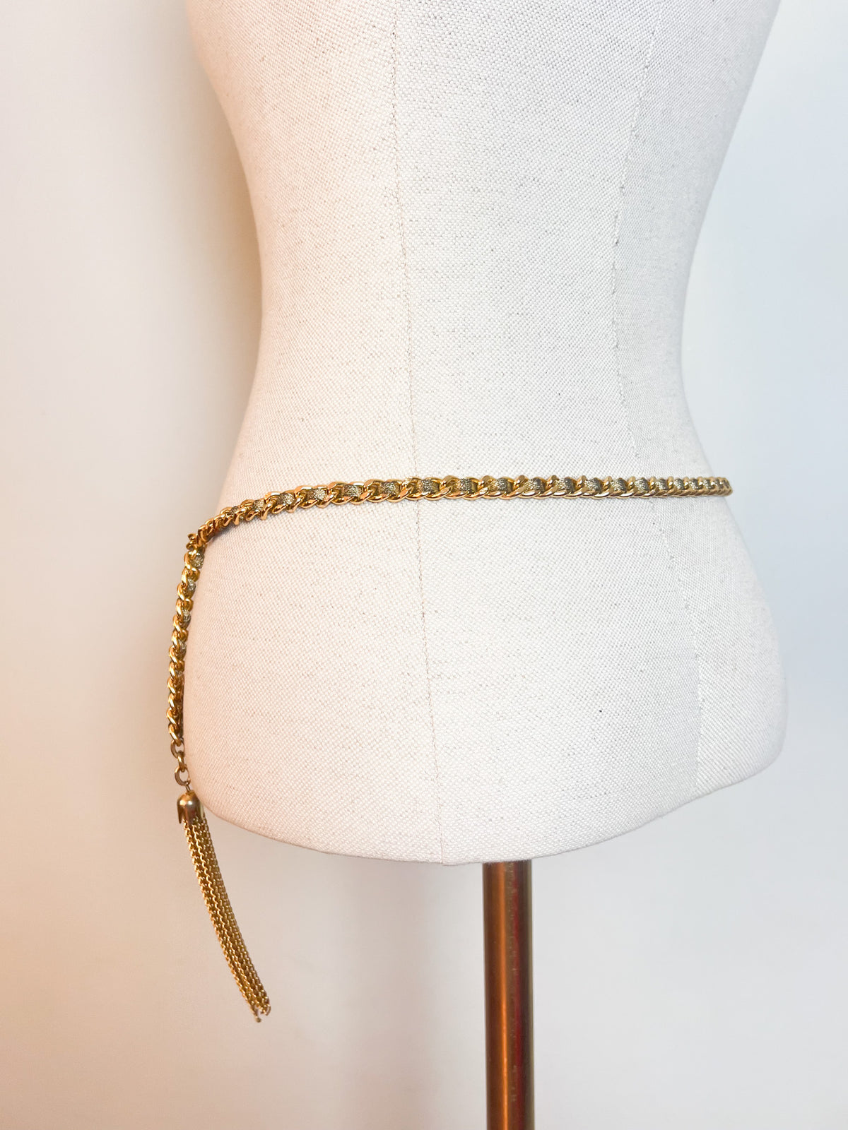 Ceinture Chaîne Vintage 70s Metal Doré & Ruban Lurex Bronze à Pompon Franges