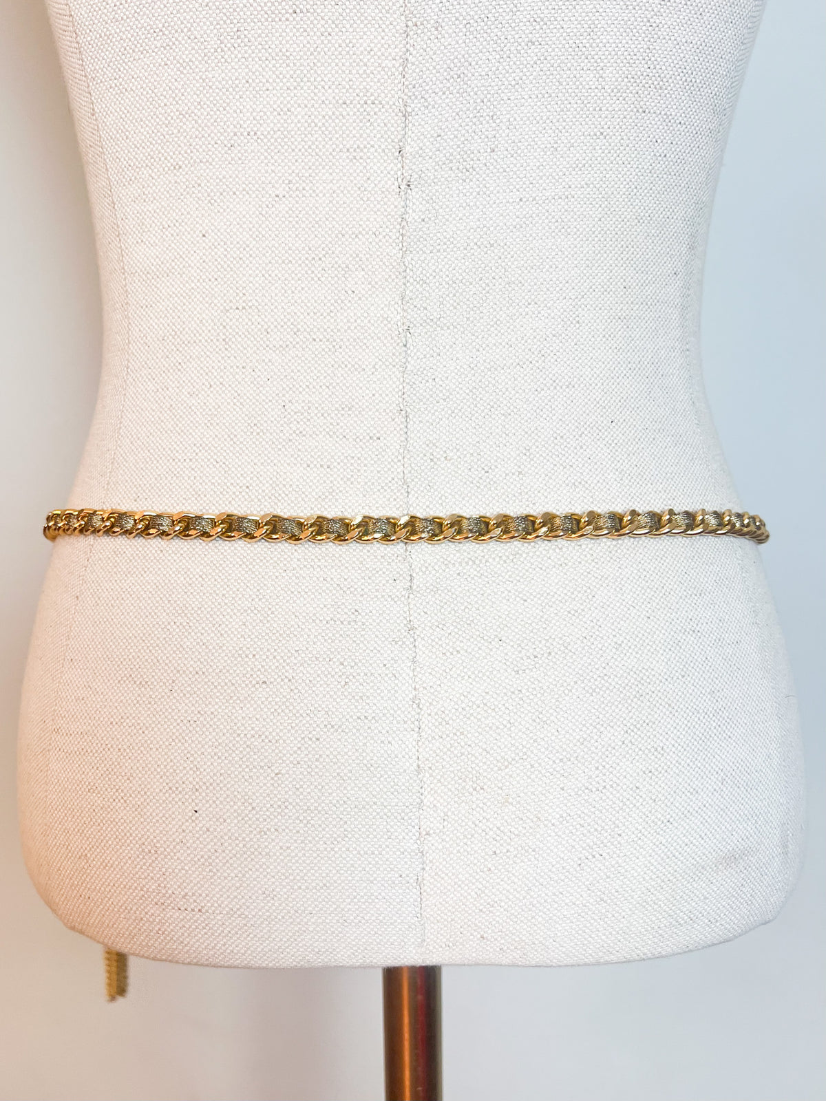 Ceinture Chaîne Vintage 70s Metal Doré & Ruban Lurex Bronze à Pompon Franges
