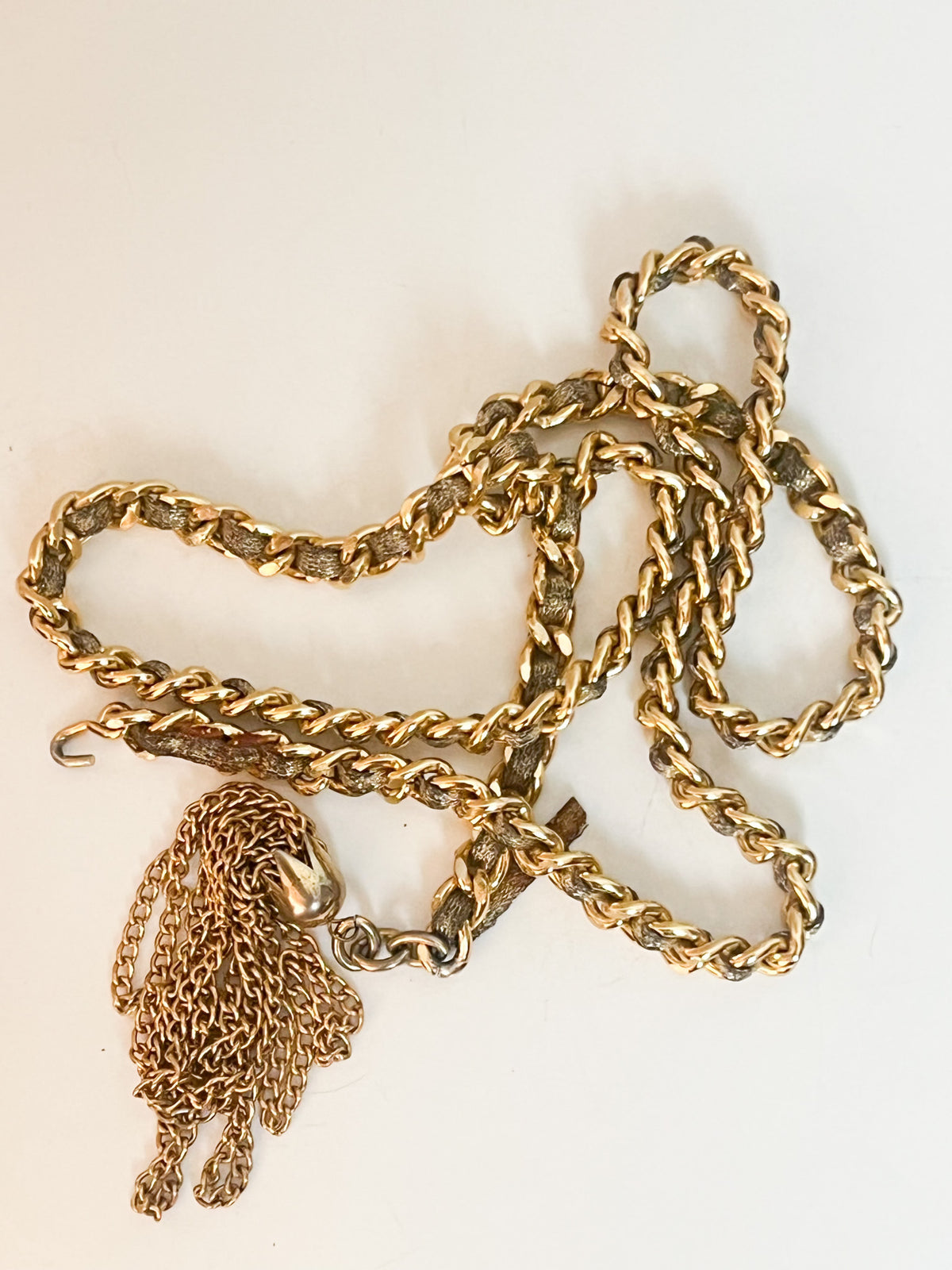 Ceinture Chaîne Vintage 70s Metal Doré & Ruban Lurex Bronze à Pompon Franges