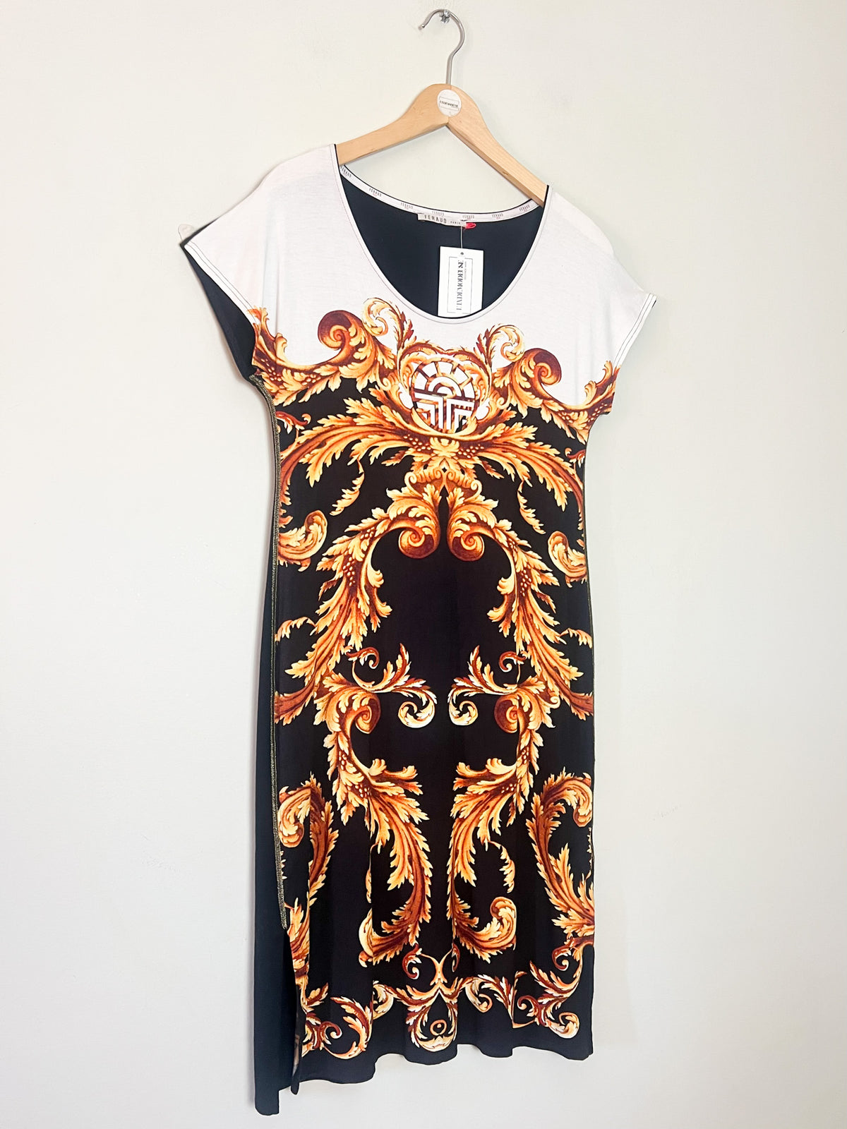 Robe vintage 90s/2000s Louis Féraud à imprimé baroque & liseré doré