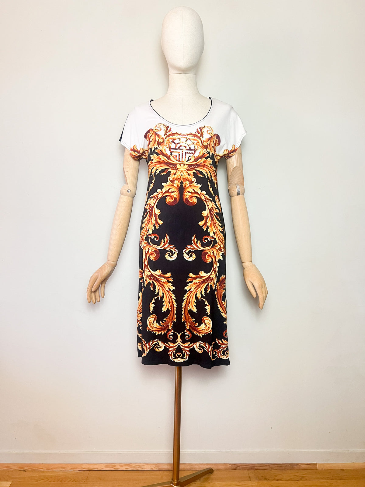 Robe vintage 90s/2000s Louis Féraud à imprimé baroque & liseré doré