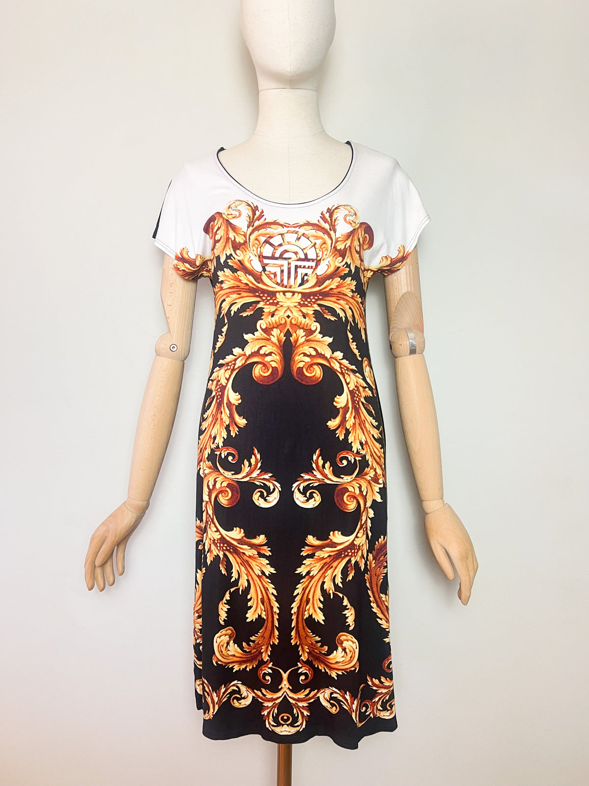 Robe vintage 90s/2000s Louis Féraud à imprimé baroque & liseré doré