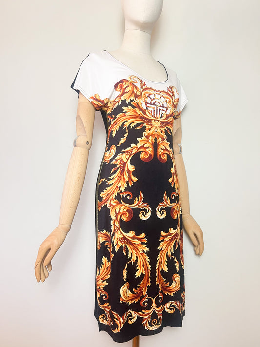 Robe vintage 90s/2000s Louis Féraud à imprimé baroque & liseré doré