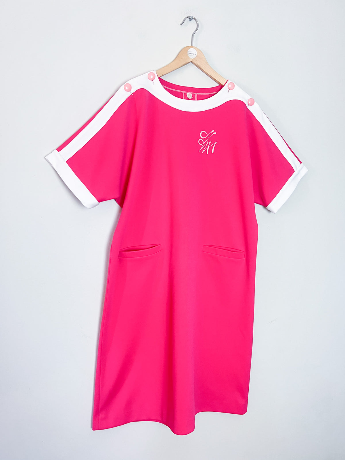 Robe chasuble vintage années 70 rose fuchsia & blanche Febvay – Fabriquée en France -T42/44