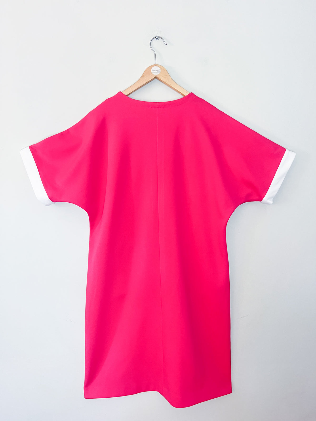 Robe chasuble vintage années 70 rose fuchsia & blanche Febvay – Fabriquée en France -T42/44