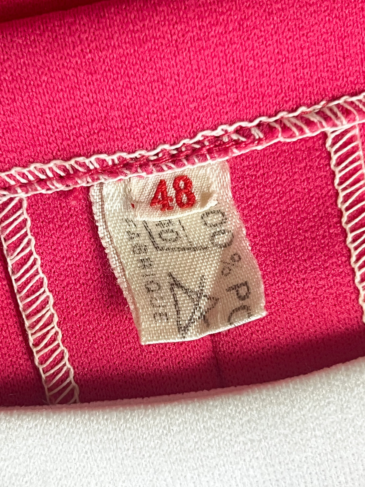 Robe chasuble vintage années 70 rose fuchsia & blanche Febvay – Fabriquée en France -T42/44