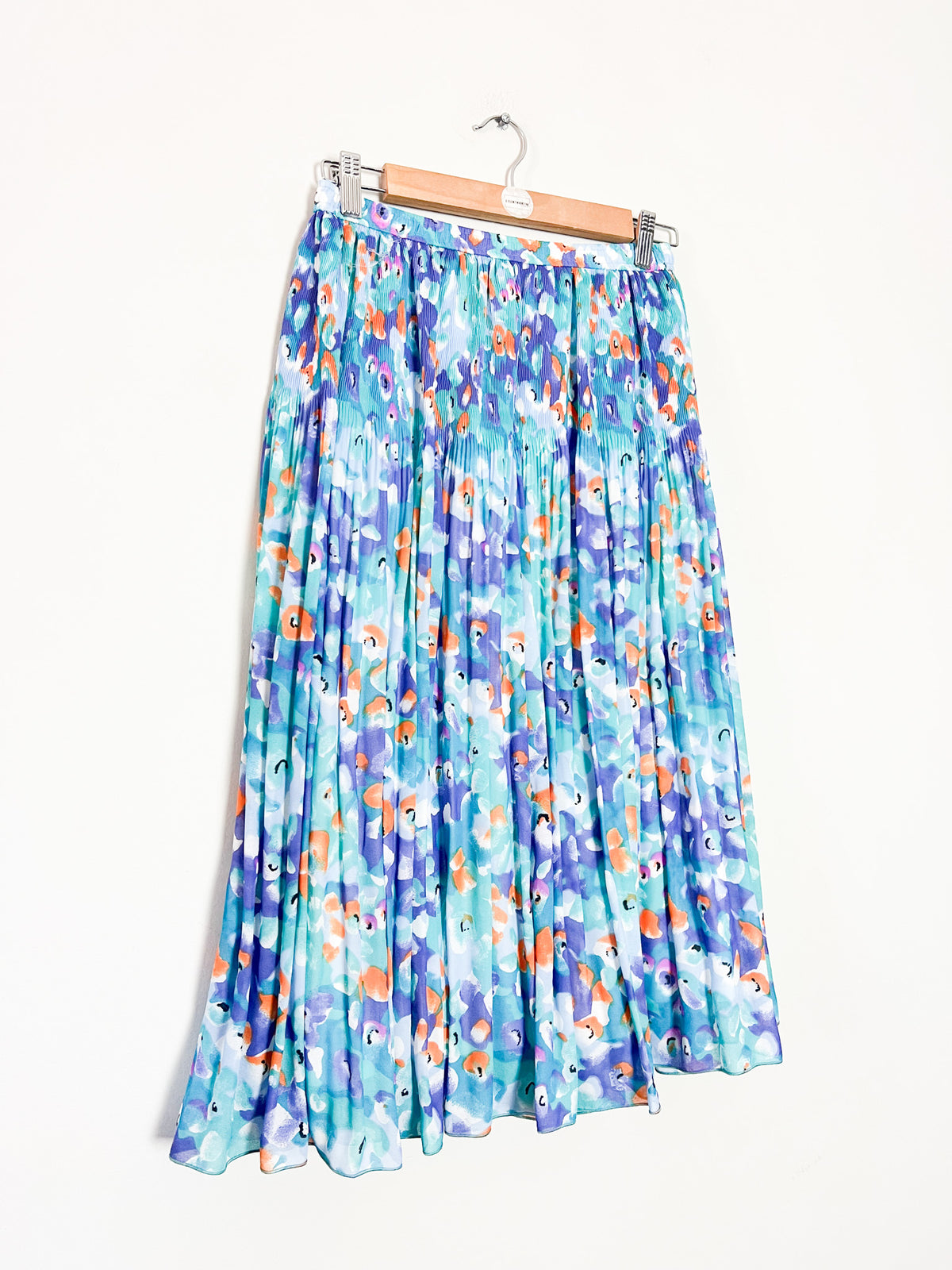 Jupe plissée vintage années 80/90 imprimé abstrait vert turquoise bleu violet orange – T36 à 40