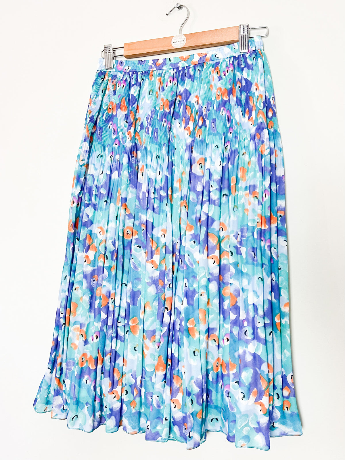 Jupe plissée vintage années 80/90 imprimé abstrait vert turquoise bleu violet orange – T36 à 40