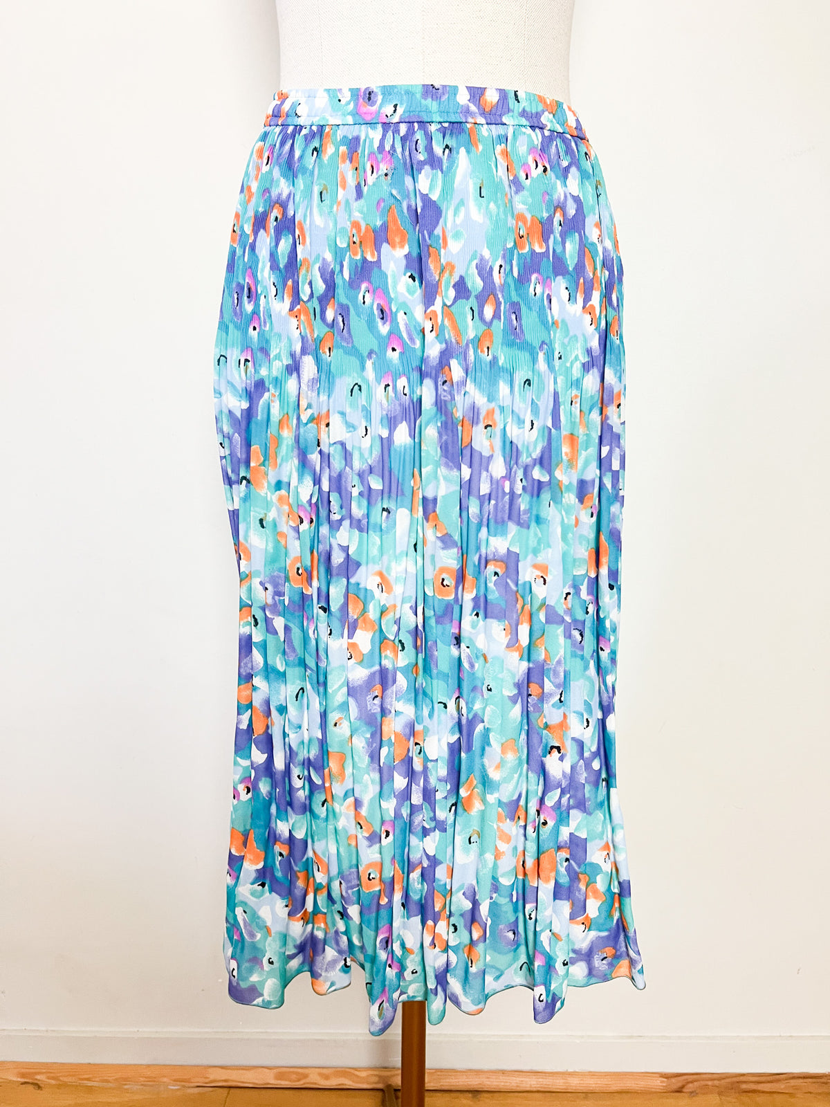 Jupe plissée vintage années 80/90 imprimé abstrait vert turquoise bleu violet orange – T36 à 40
