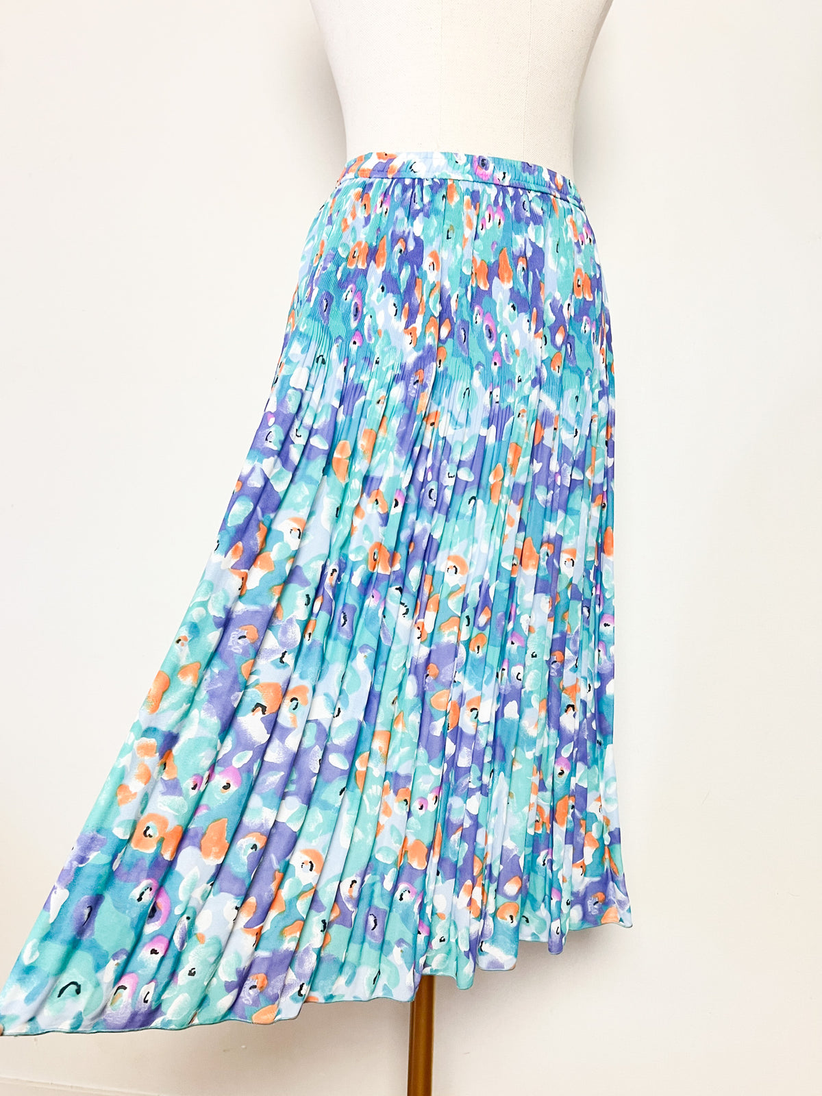 Jupe plissée vintage années 80/90 imprimé abstrait vert turquoise bleu violet orange – T36 à 40