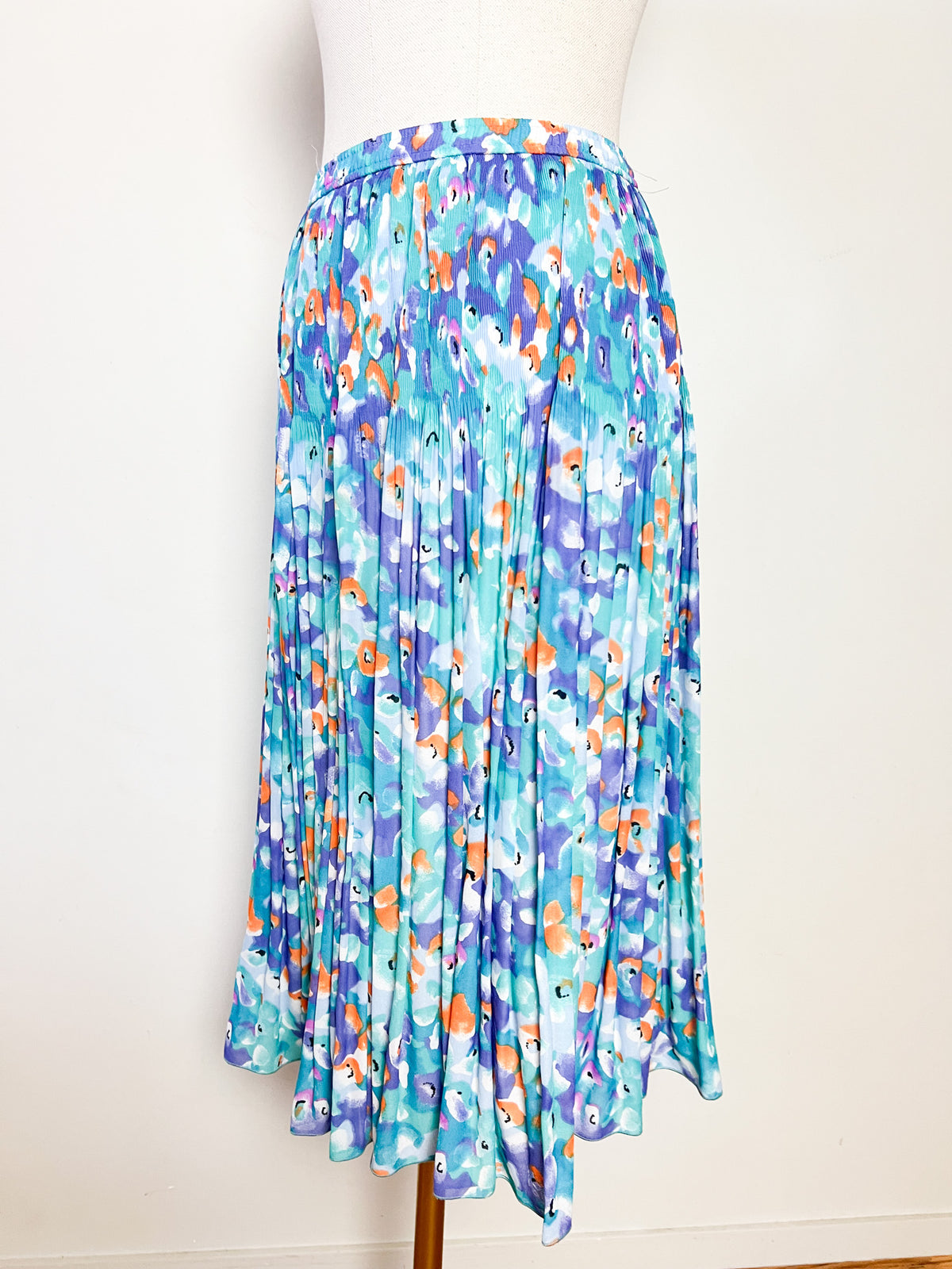 Jupe plissée vintage années 80/90 imprimé abstrait vert turquoise bleu violet orange – T36 à 40