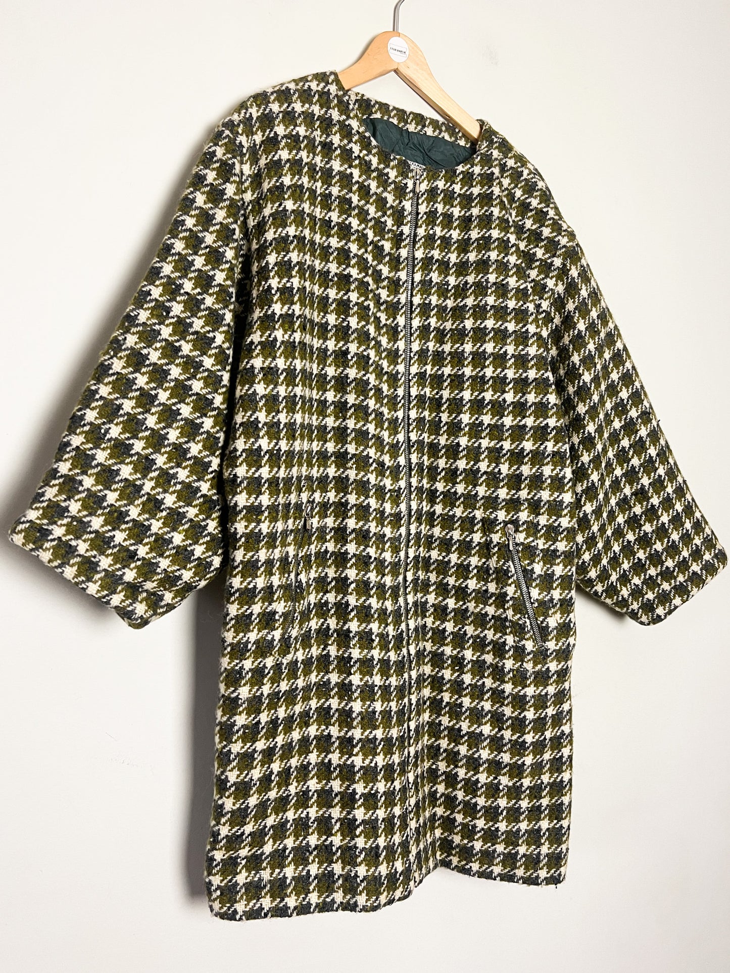 Manteau Vintage Oversize Années 80 90 - 100% Pure Laine Vierge Woolmark - Pied De Coq Crème & Vert T40/42