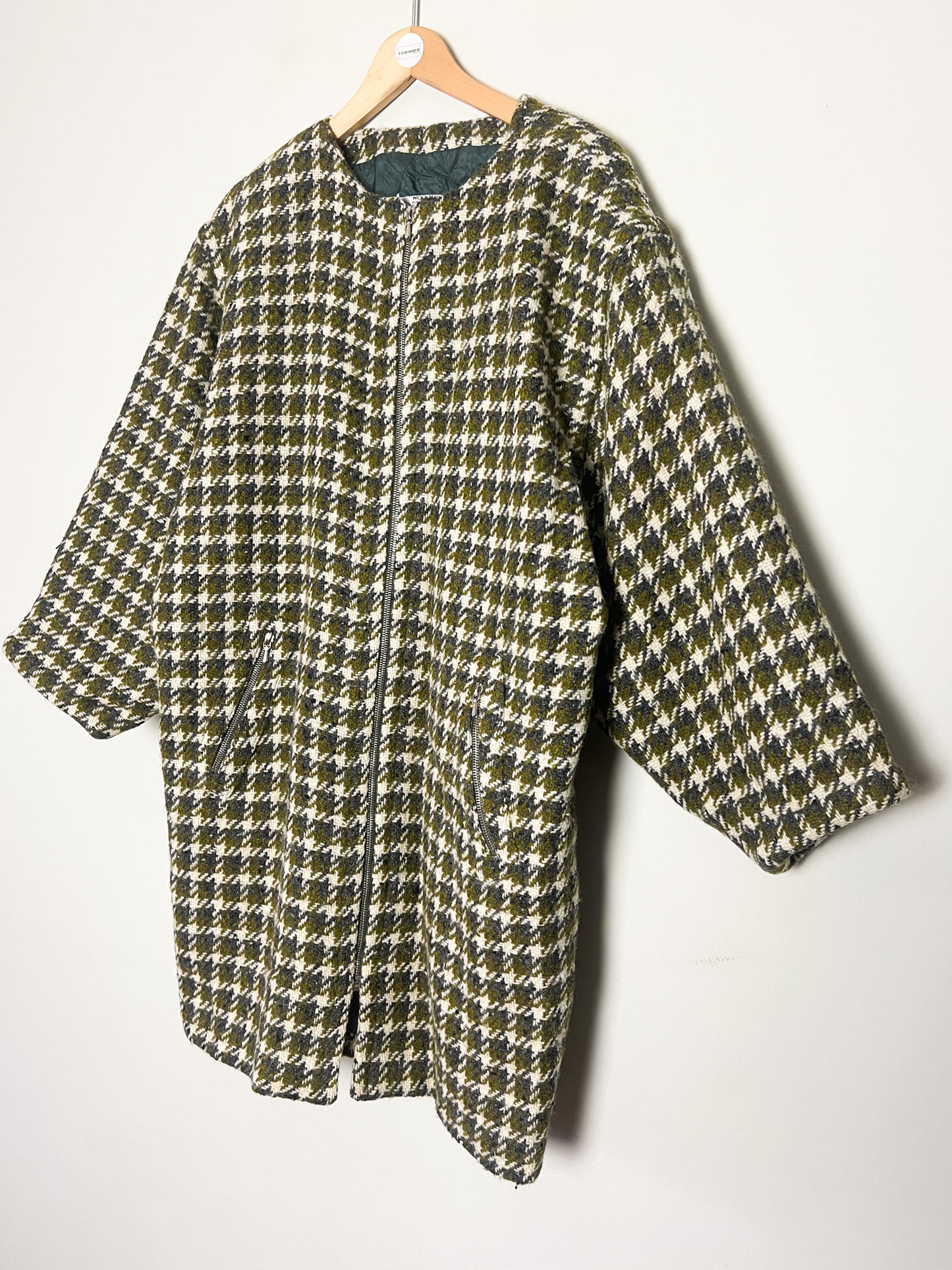 Manteau Vintage Oversize Années 80 90 - 100% Pure Laine Vierge Woolmark - Pied De Coq Crème & Vert T40/42