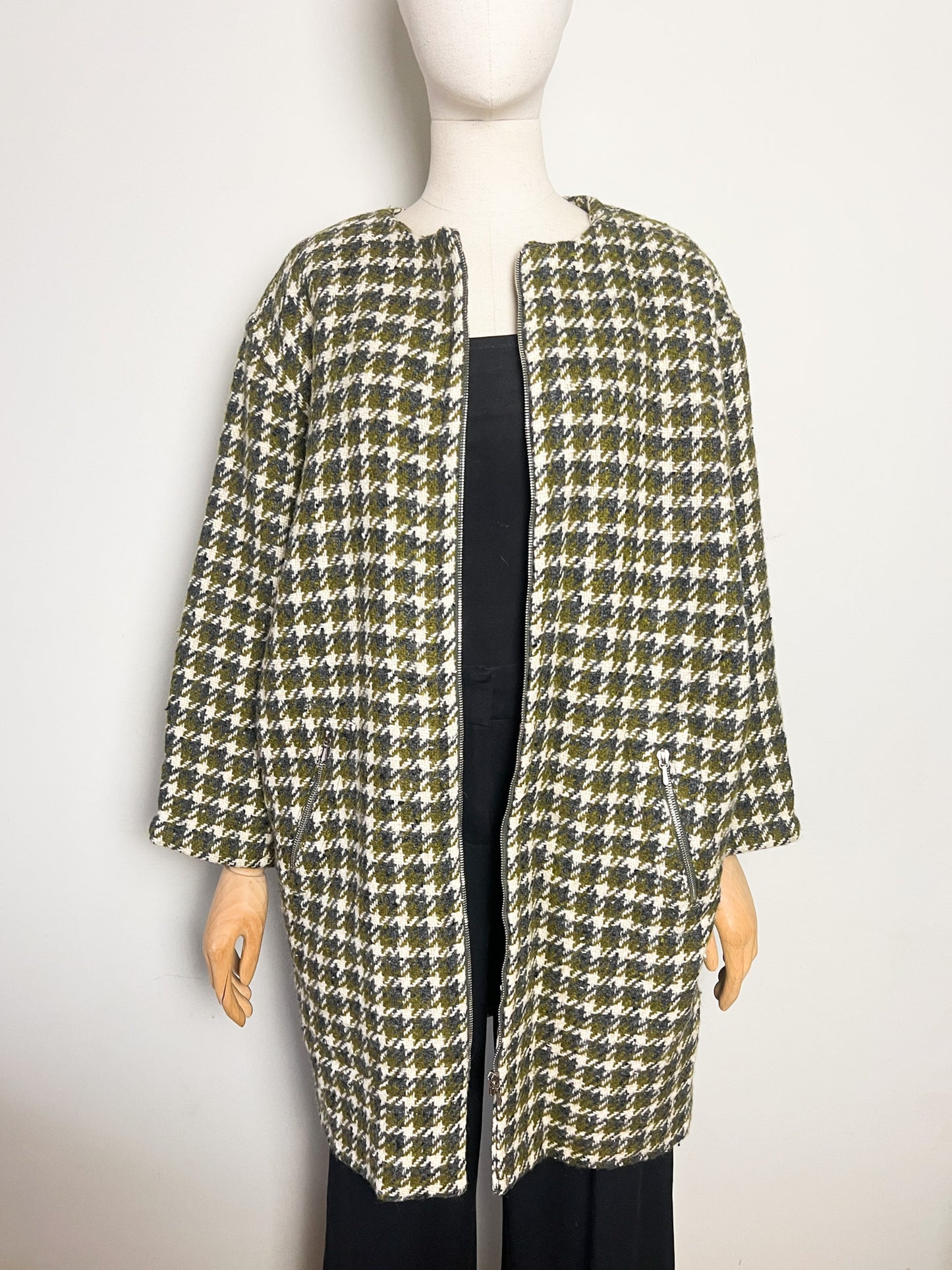 Manteau Vintage Oversize Années 80 90 - 100% Pure Laine Vierge Woolmark - Pied De Coq Crème & Vert T40/42