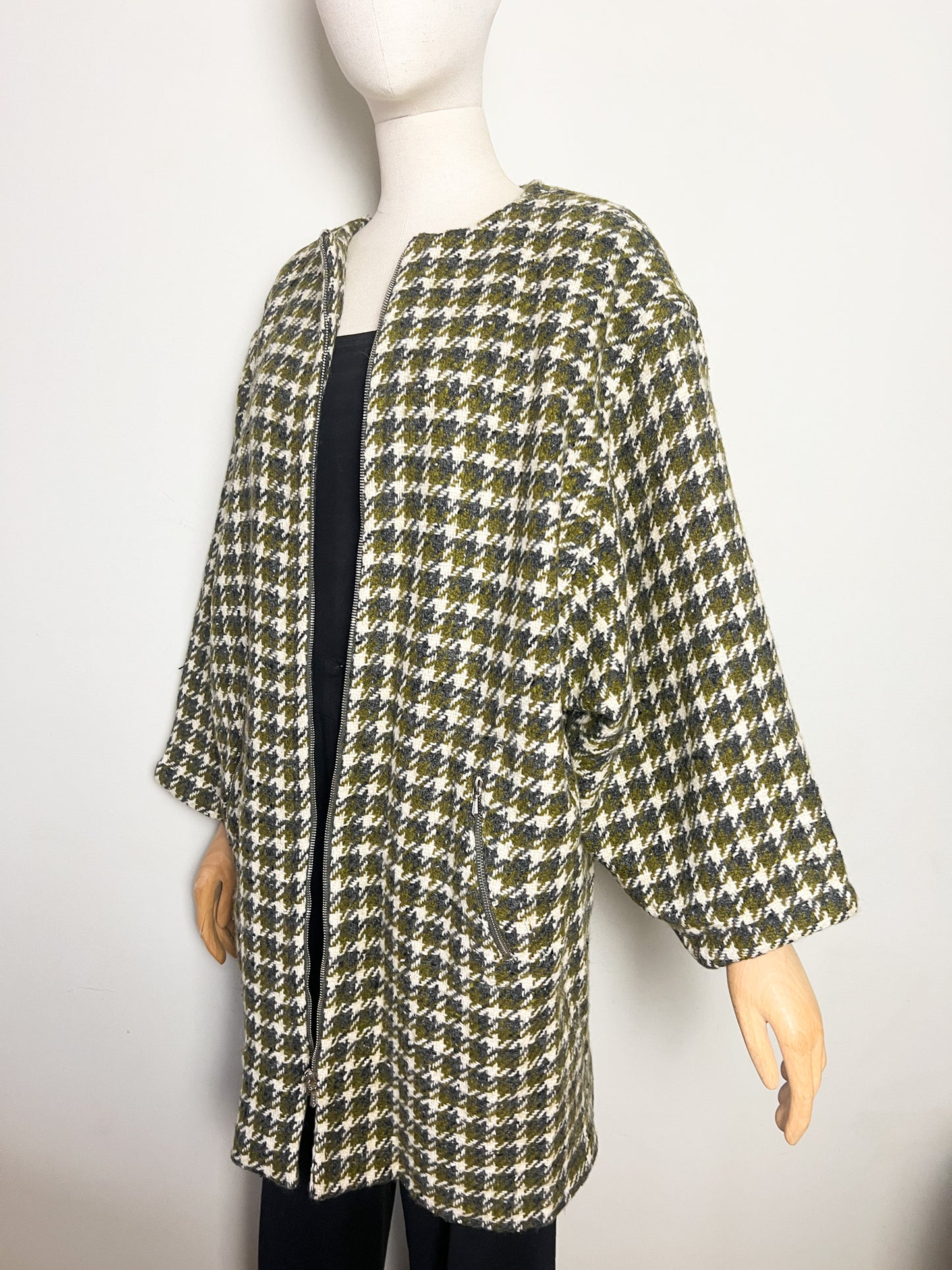Manteau Vintage Oversize Années 80 90 - 100% Pure Laine Vierge Woolmark - Pied De Coq Crème & Vert T40/42
