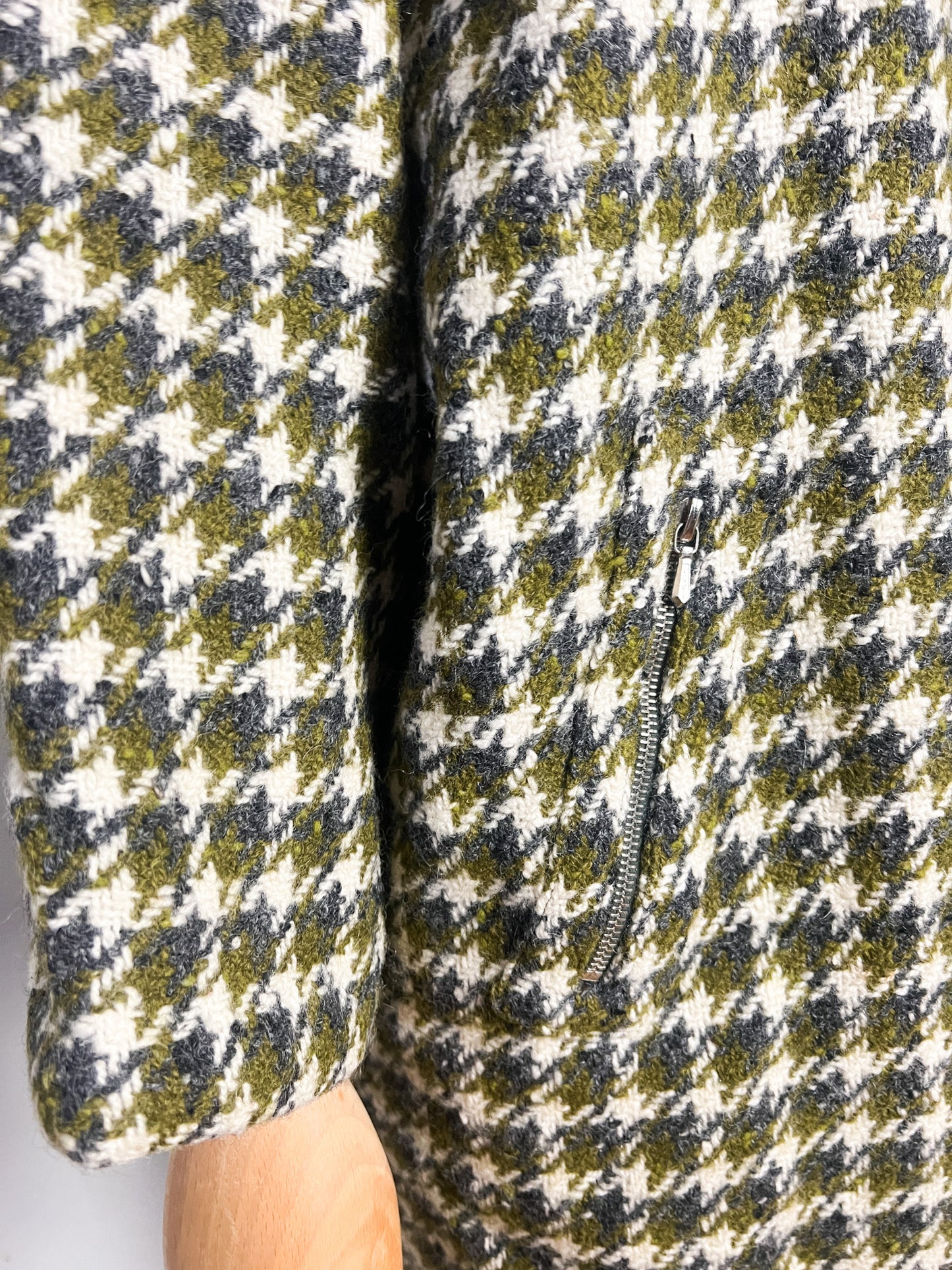 Manteau Vintage Oversize Années 80 90 - 100% Pure Laine Vierge Woolmark - Pied De Coq Crème & Vert T40/42