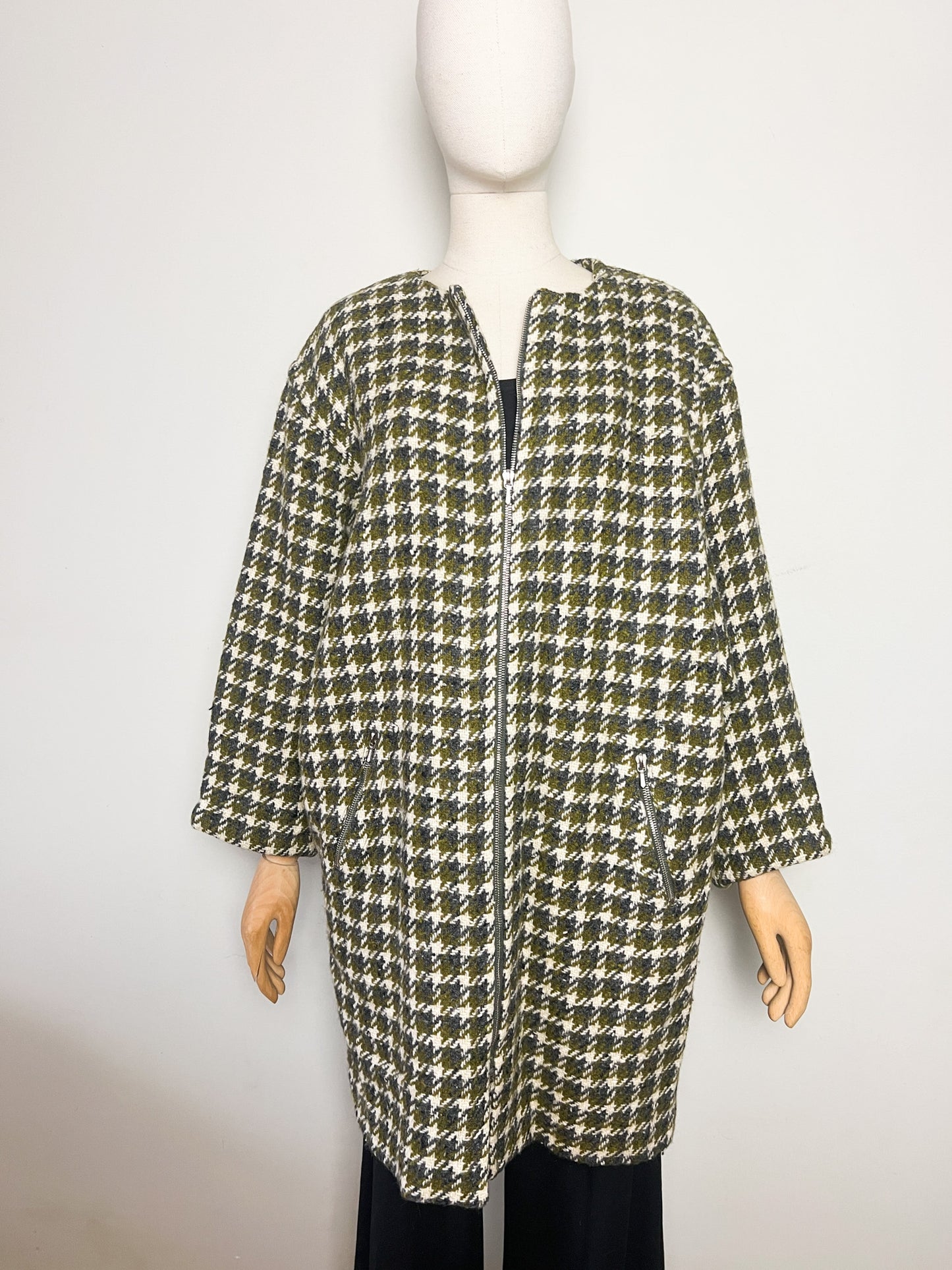Manteau Vintage Oversize Années 80 90 - 100% Pure Laine Vierge Woolmark - Pied De Coq Crème & Vert T40/42