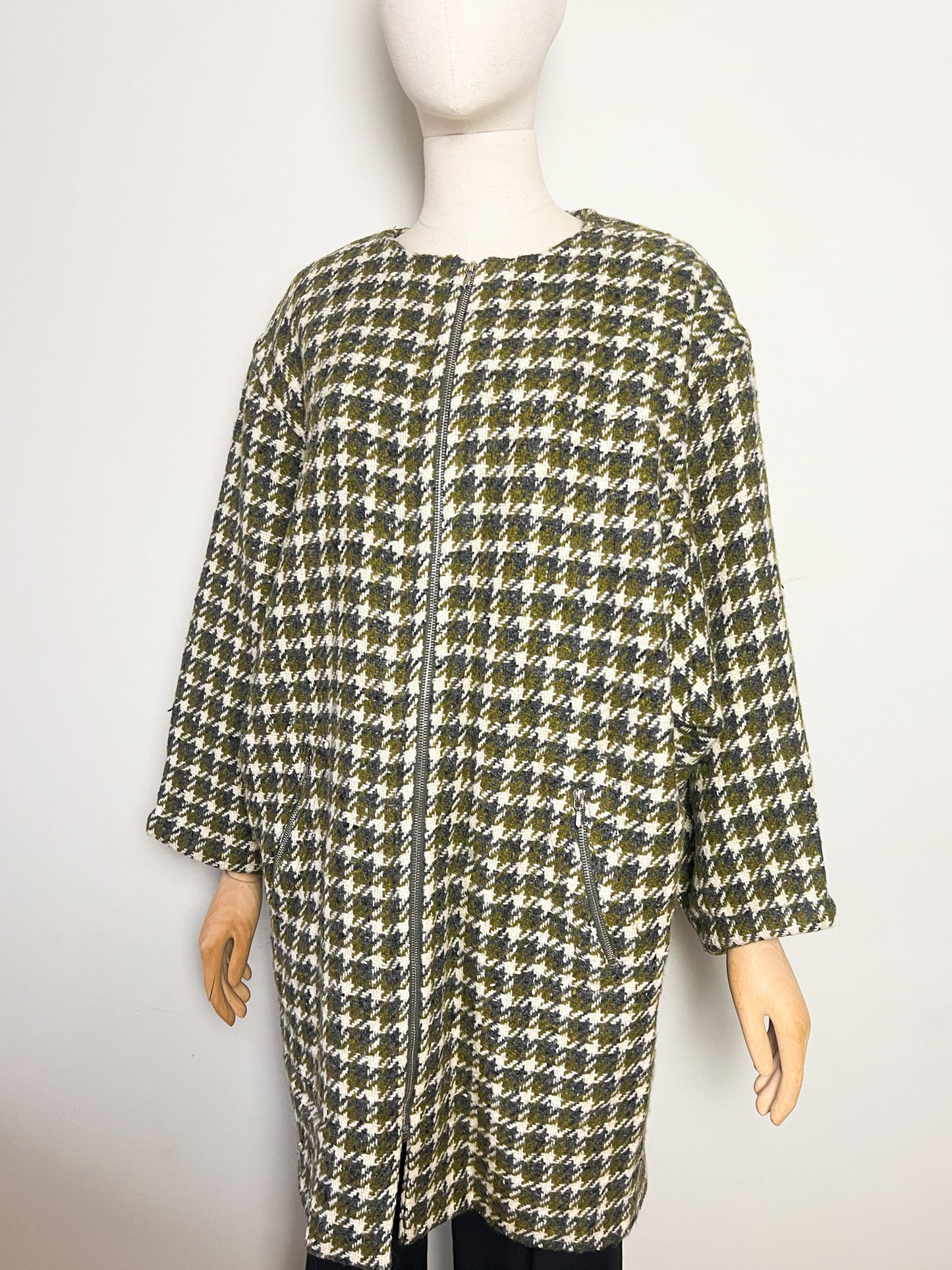 Manteau Vintage Oversize Années 80 90 - 100% Pure Laine Vierge Woolmark - Pied De Coq Crème & Vert T40/42