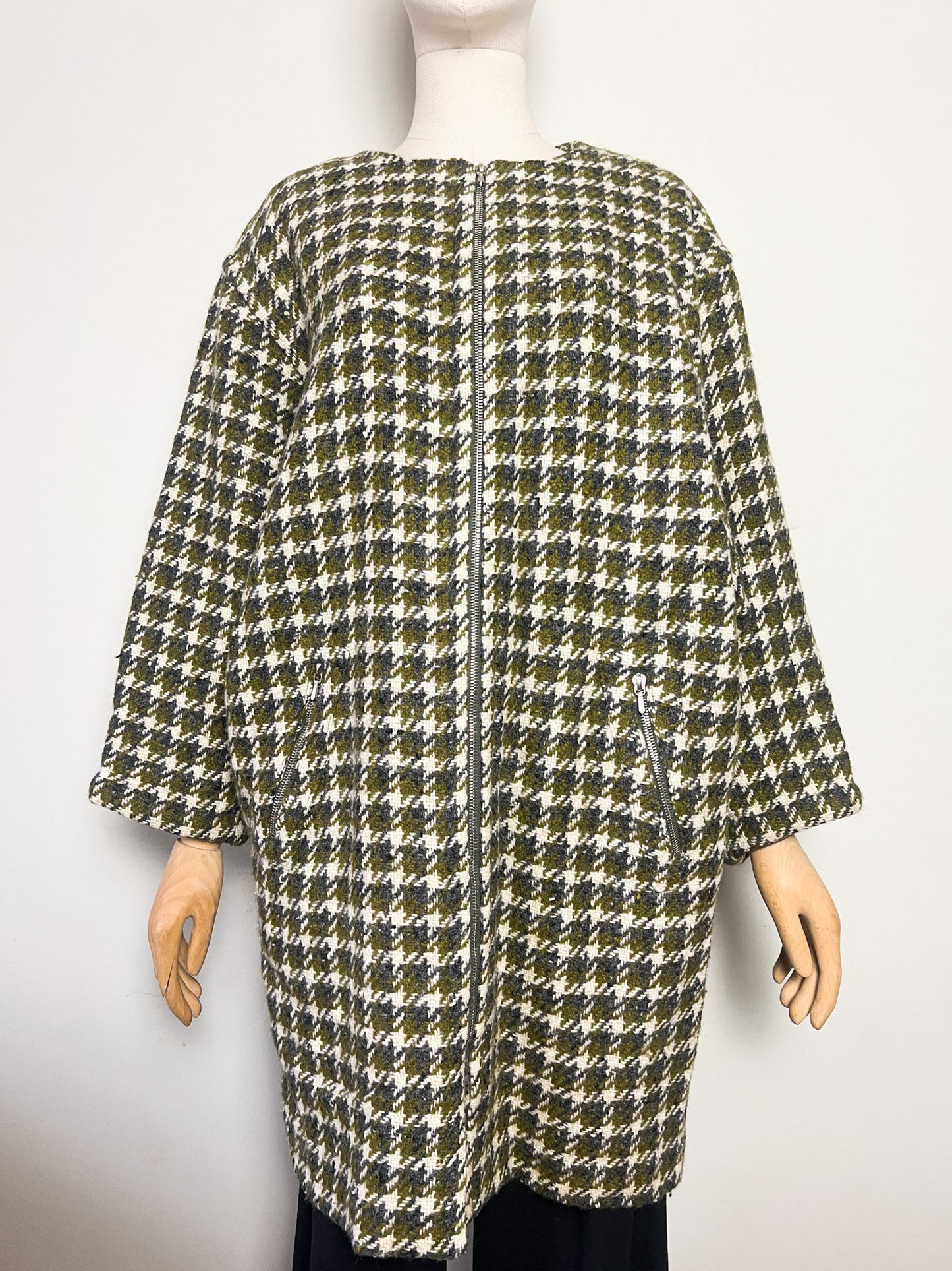 Manteau Vintage Oversize Années 80 90 - 100% Pure Laine Vierge Woolmark - Pied De Coq Crème & Vert T40/42