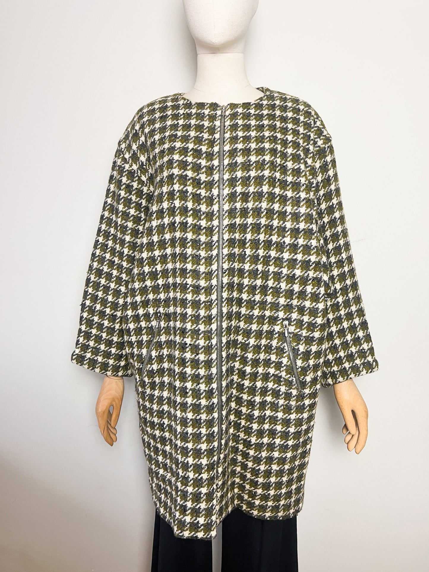 Manteau Vintage Oversize Années 80 90 - 100% Pure Laine Vierge Woolmark - Pied De Coq Crème & Vert T40/42