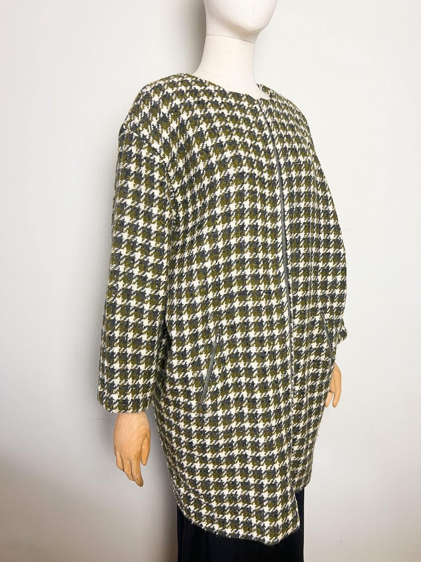 Manteau Vintage Oversize Années 80 90 - 100% Pure Laine Vierge Woolmark - Pied De Coq Crème & Vert T40/42