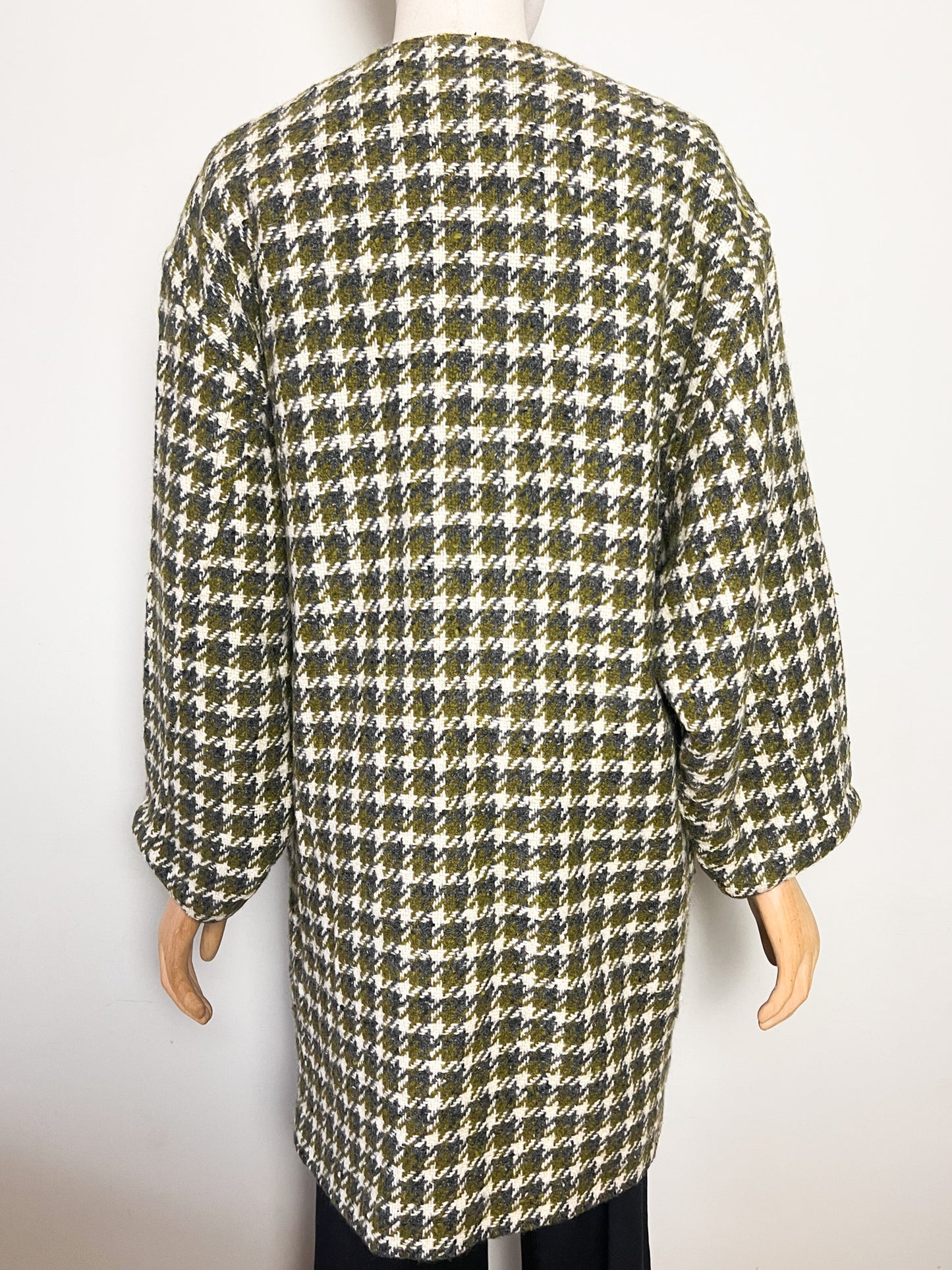 Manteau Vintage Oversize Années 80 90 - 100% Pure Laine Vierge Woolmark - Pied De Coq Crème & Vert T40/42