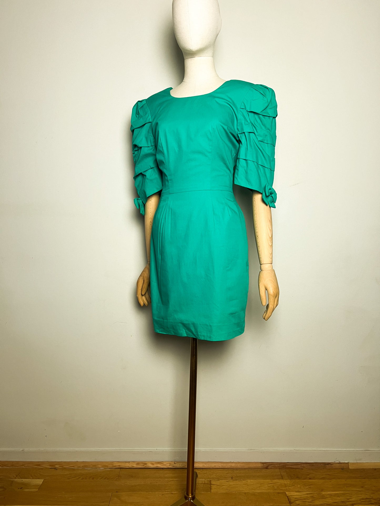 Robe Cocktail Vintage Années 80 90 Vert - Épaulettes & Nœuds Dos/Manches - Youri T34