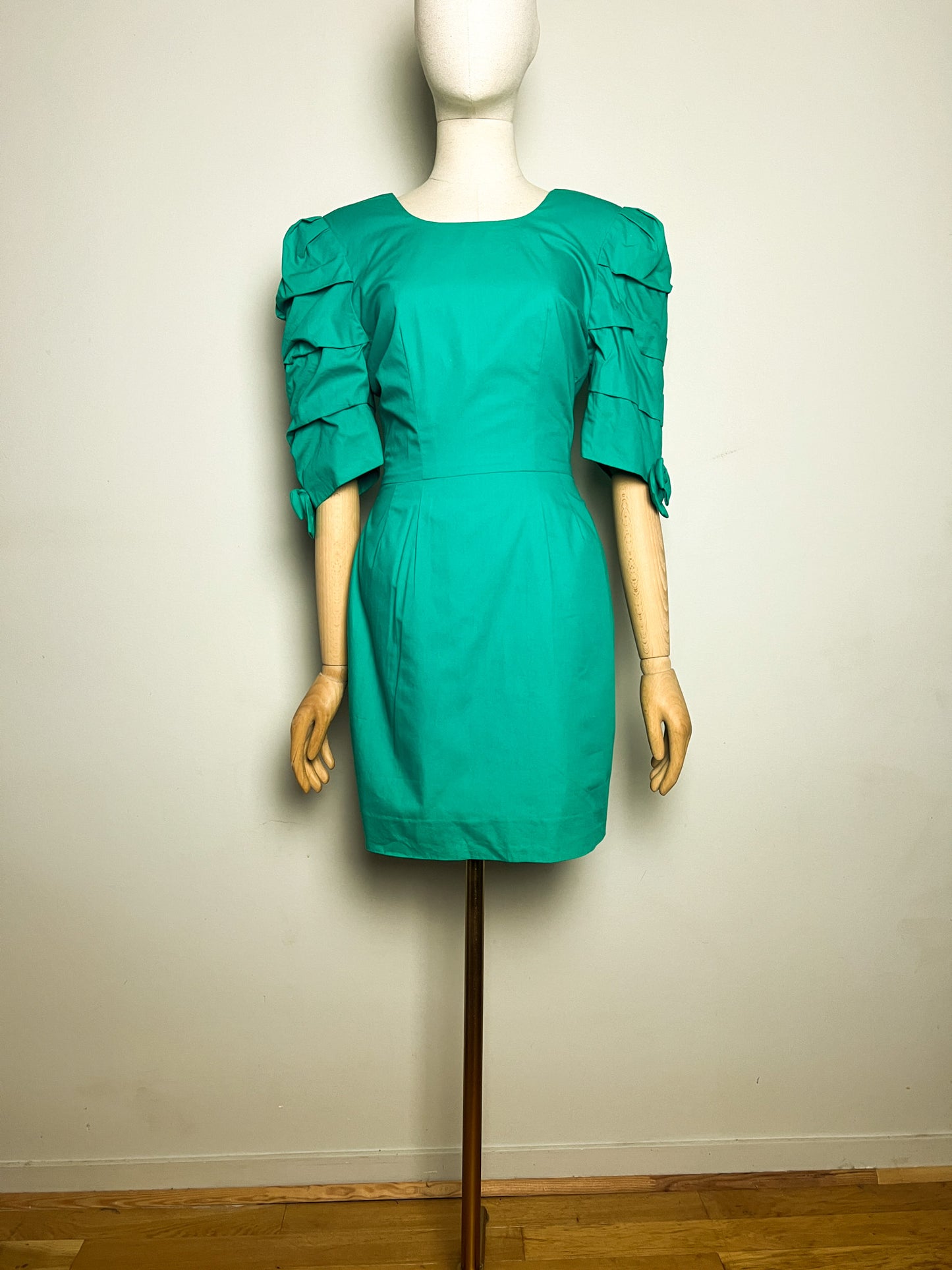 Robe Cocktail Vintage Années 80 90 Vert - Épaulettes & Nœuds Dos/Manches - Youri T34