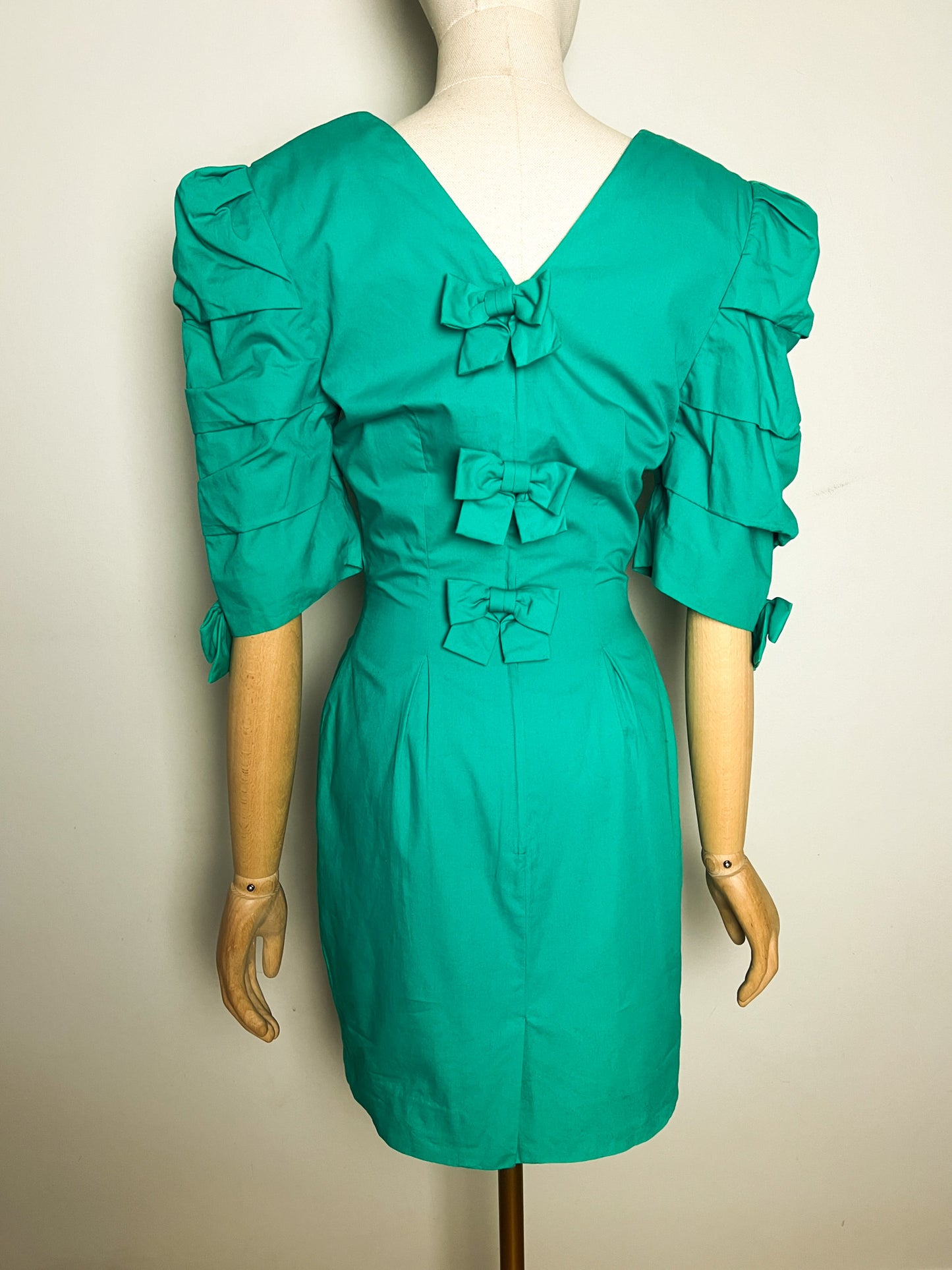 Robe Cocktail Vintage Années 80 90 Vert - Épaulettes & Nœuds Dos/Manches - Youri T34