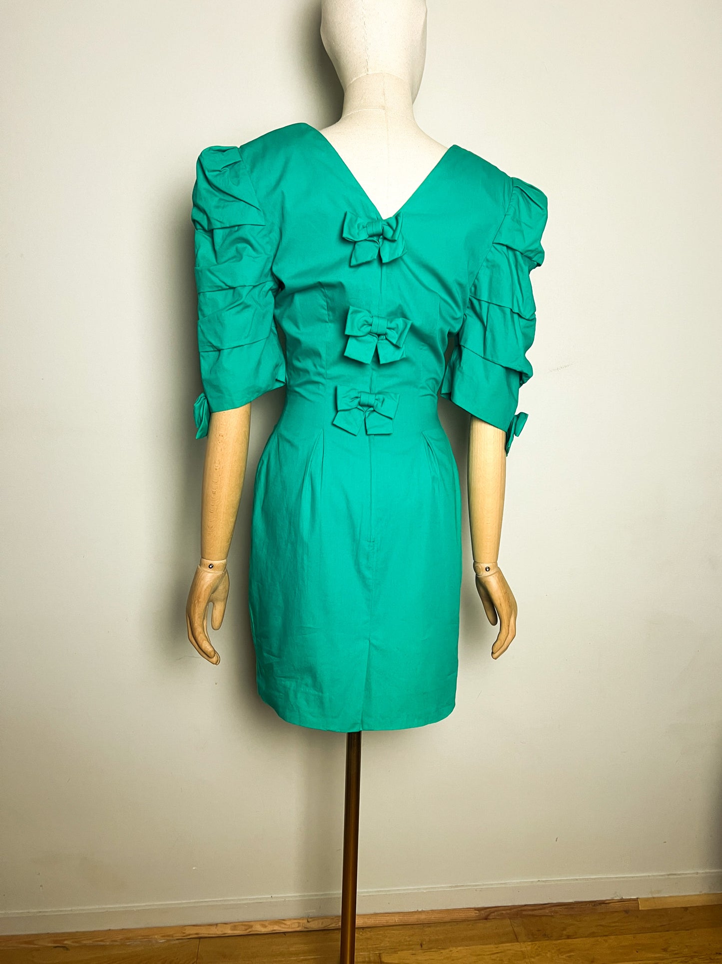 Robe Cocktail Vintage Années 80 90 Vert - Épaulettes & Nœuds Dos/Manches - Youri T34