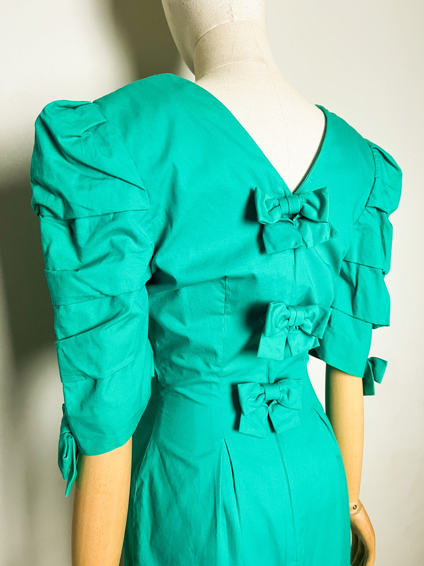 Robe Cocktail Vintage Années 80 90 Vert - Épaulettes & Nœuds Dos/Manches - Youri T34