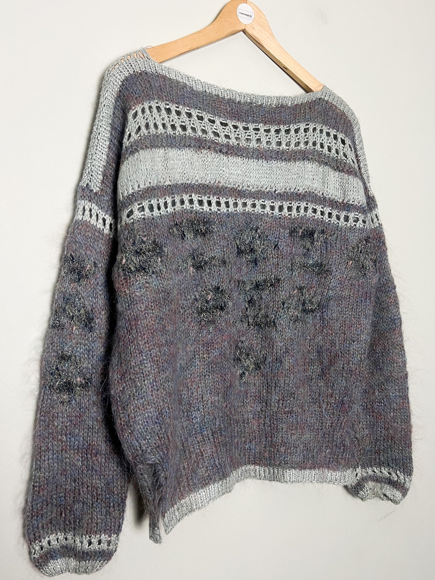 Pull Vintage Tricoté Main - Angora, Mohair, Laine - Bleu Gris Mauve et scintillant T 38/40