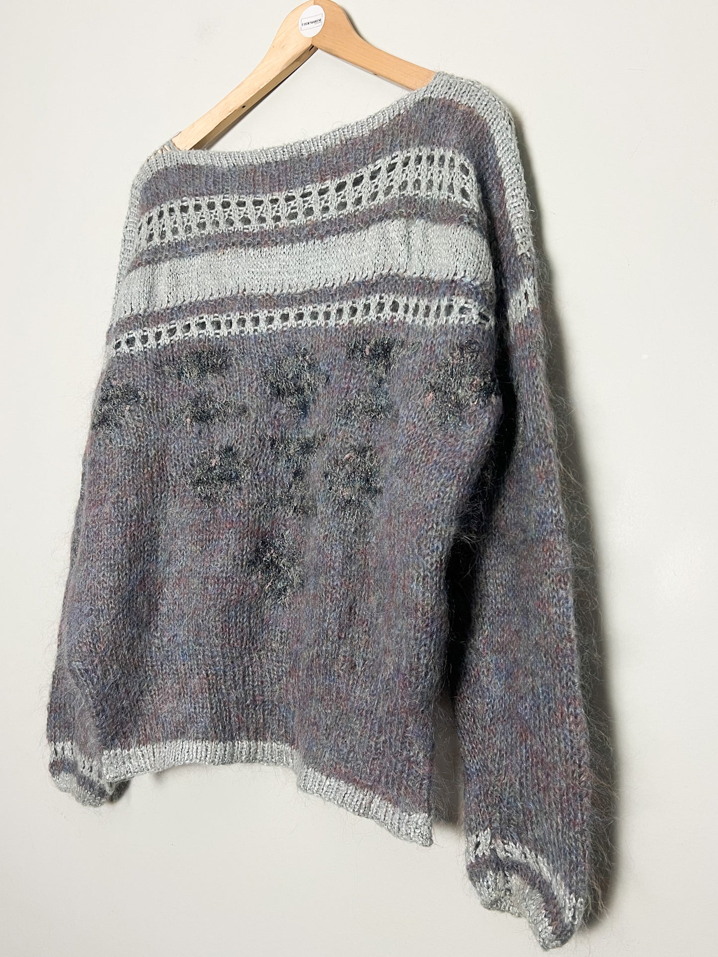 Pull Vintage Tricoté Main - Angora, Mohair, Laine - Bleu Gris Mauve et scintillant T 38/40