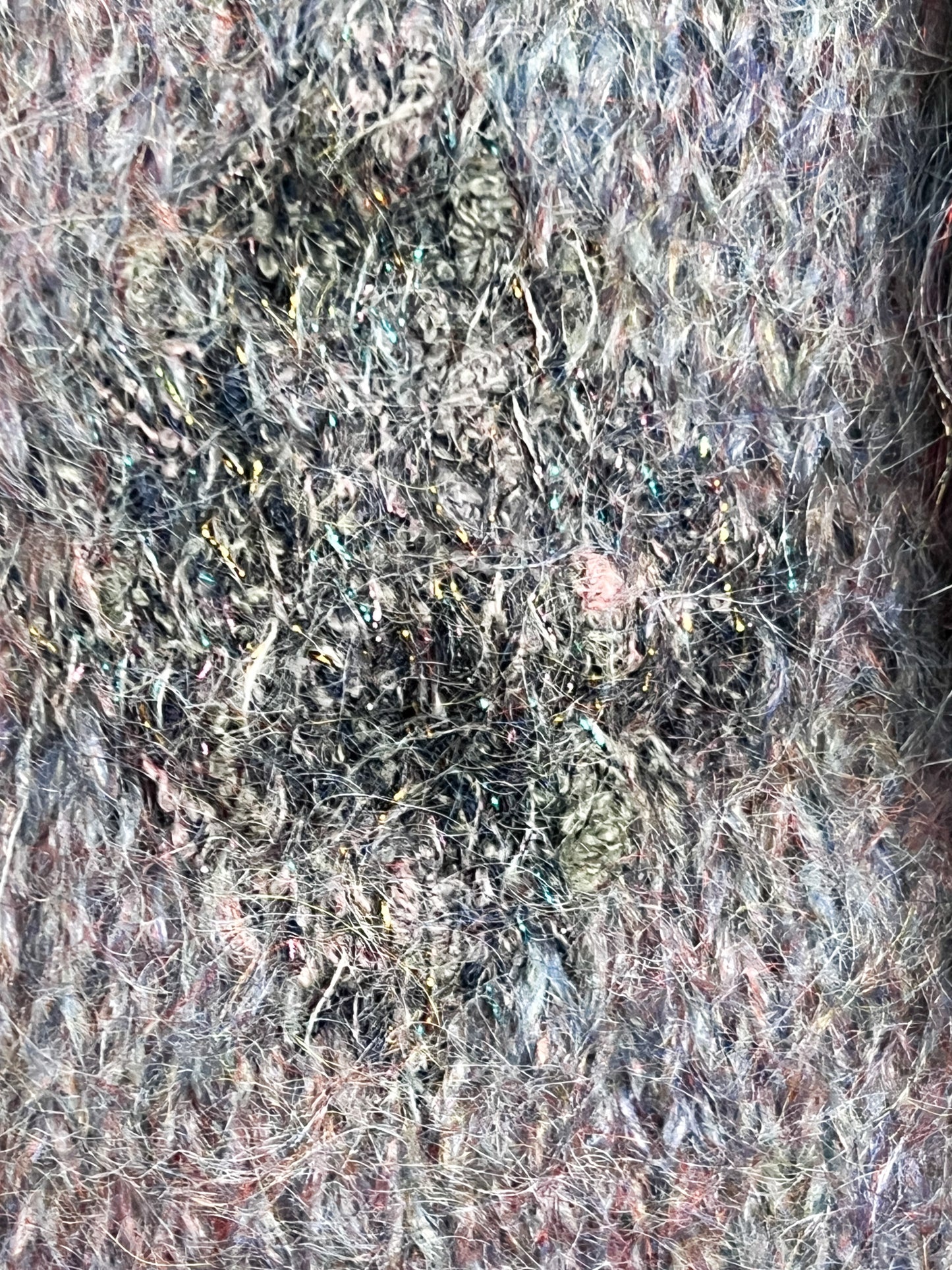 Pull Vintage Tricoté Main - Angora, Mohair, Laine - Bleu Gris Mauve et scintillant T 38/40