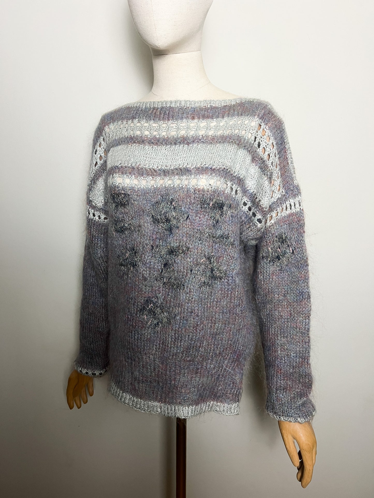 Pull Vintage Tricoté Main - Angora, Mohair, Laine - Bleu Gris Mauve et scintillant T 38/40