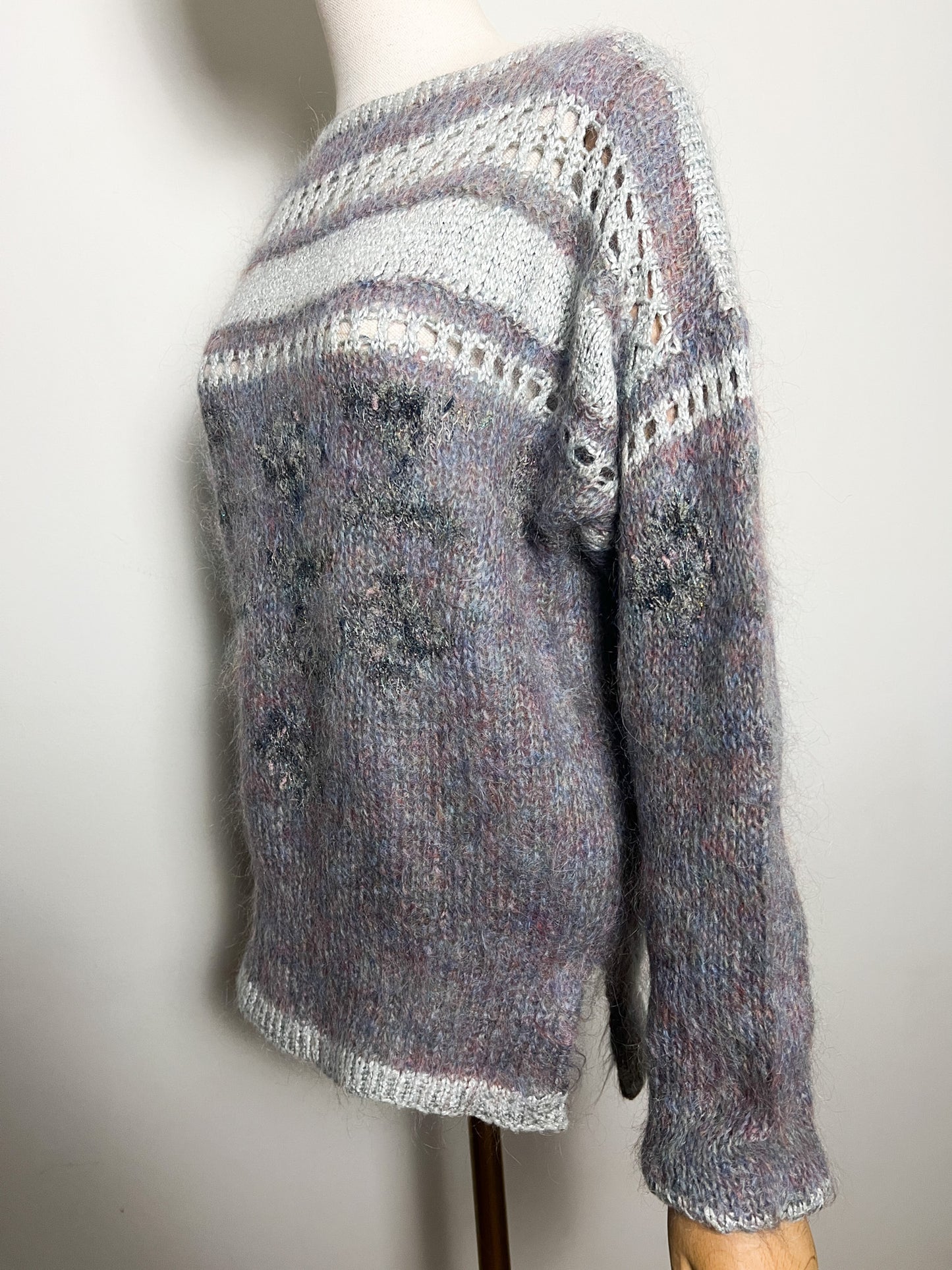 Pull Vintage Tricoté Main - Angora, Mohair, Laine - Bleu Gris Mauve et scintillant T 38/40