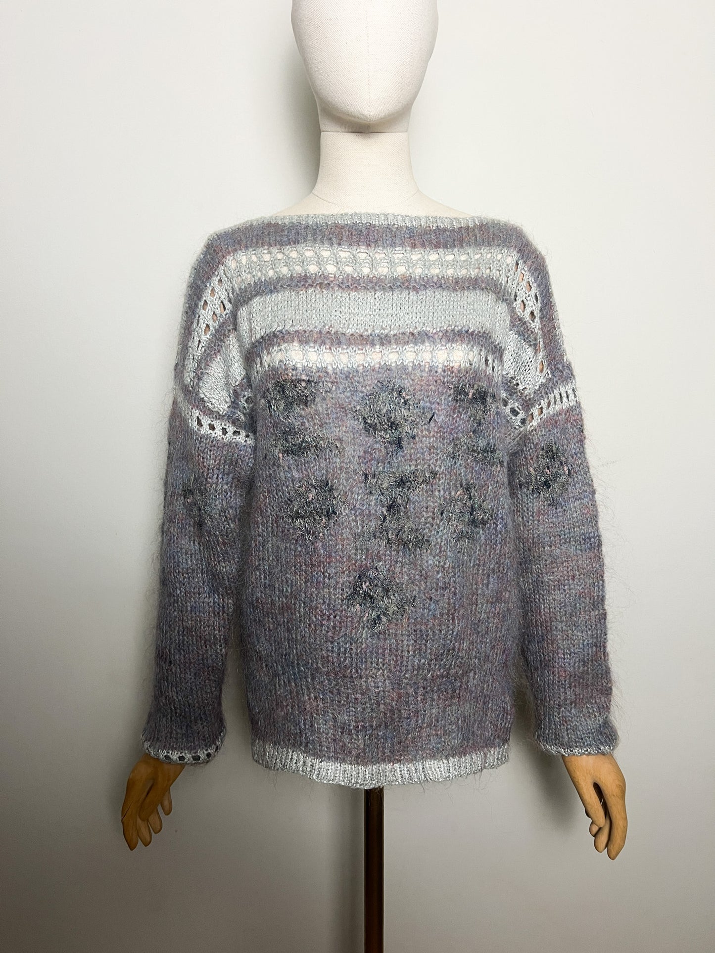 Pull Vintage Tricoté Main - Angora, Mohair, Laine - Bleu Gris Mauve et scintillant T 38/40