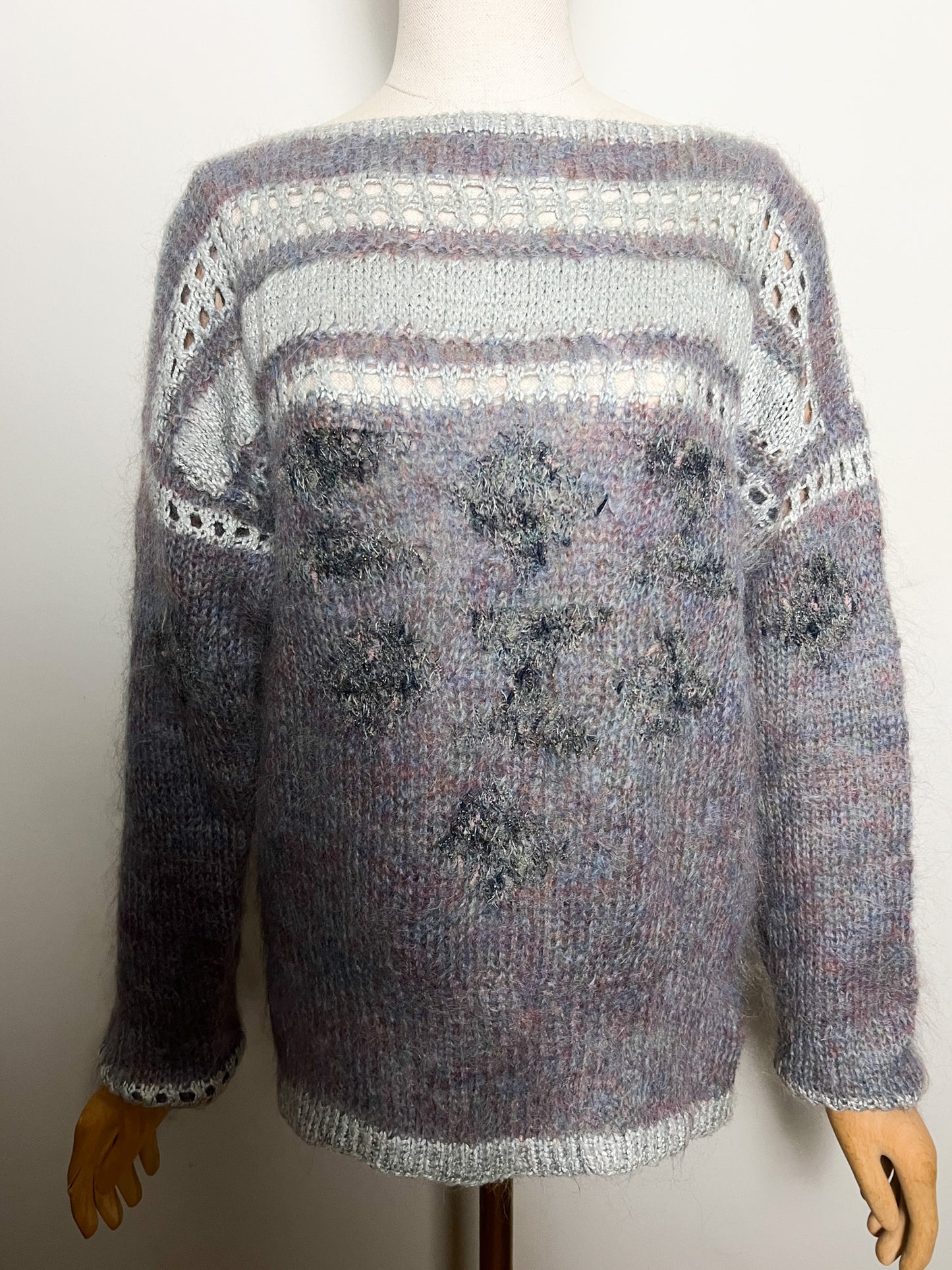Pull Vintage Tricoté Main - Angora, Mohair, Laine - Bleu Gris Mauve et scintillant T 38/40