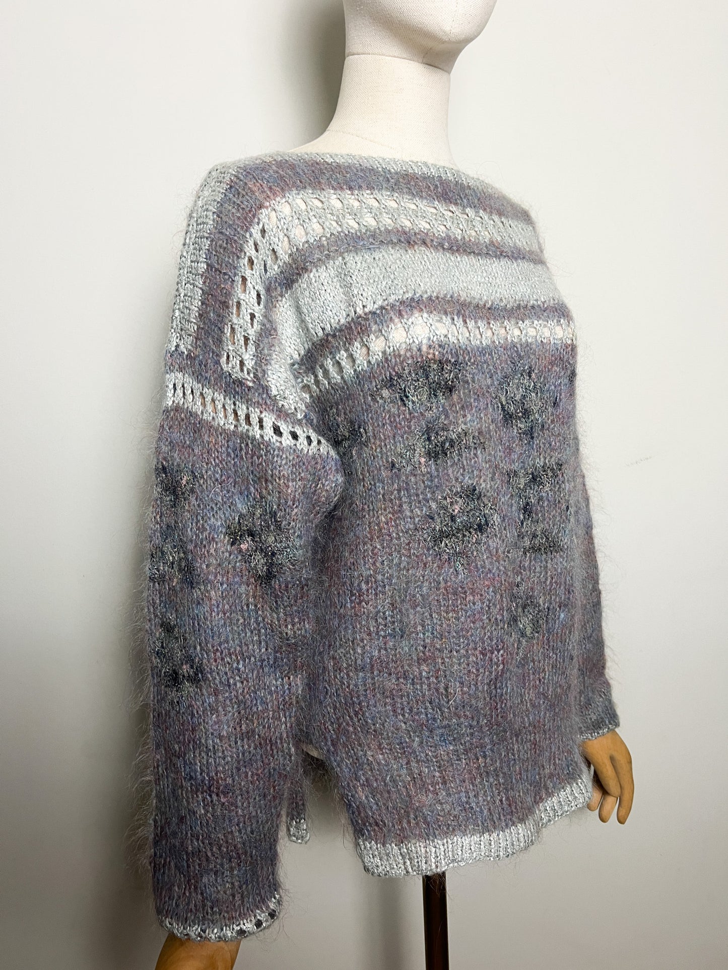 Pull Vintage Tricoté Main - Angora, Mohair, Laine - Bleu Gris Mauve et scintillant T 38/40