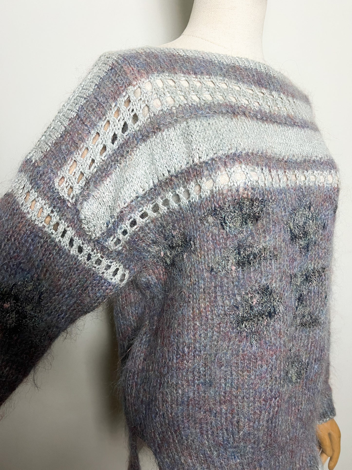 Pull Vintage Tricoté Main - Angora, Mohair, Laine - Bleu Gris Mauve et scintillant T 38/40