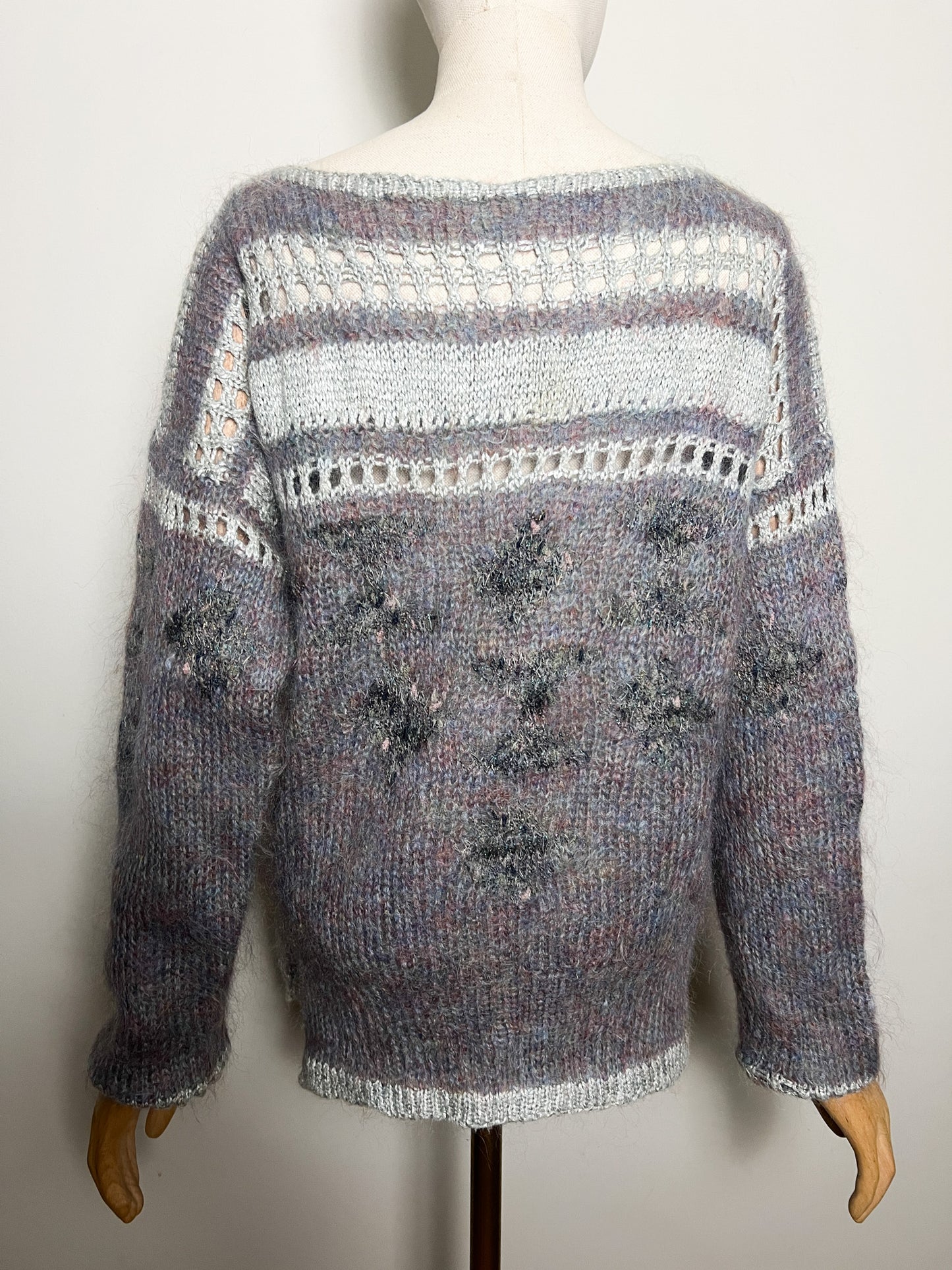 Pull Vintage Tricoté Main - Angora, Mohair, Laine - Bleu Gris Mauve et scintillant T 38/40