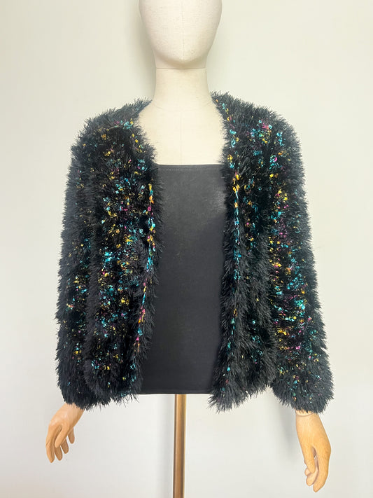Cardigan Vintage Maille Doudou Scintillante - Rubans Métallisés Colorés - Coupe Courte T36/38