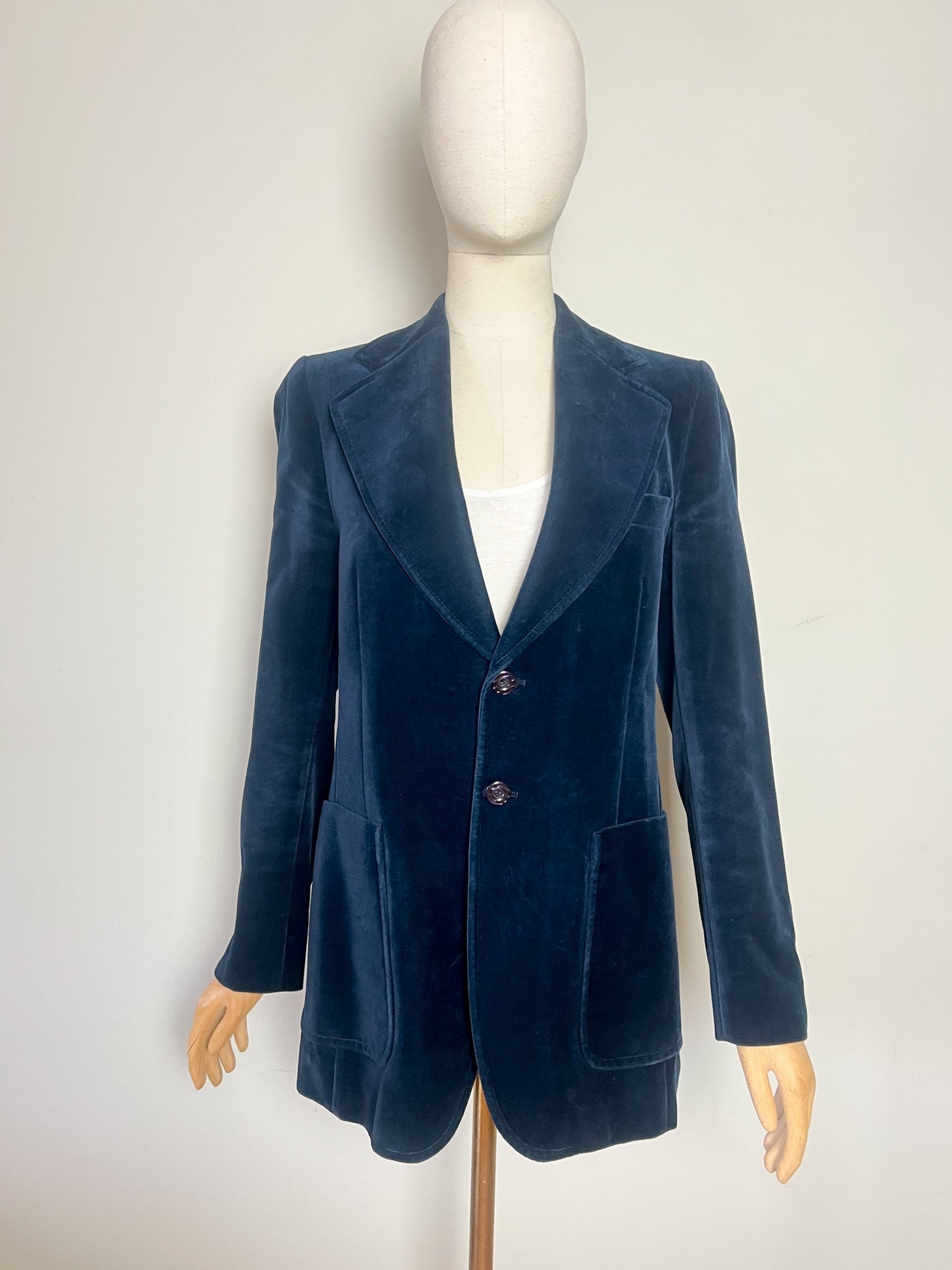 Veste Blazer Vintage années 90 Cintrée Velours de Coton Bleu Marine - Doublure Viscose - Chic Classique T40 (L)